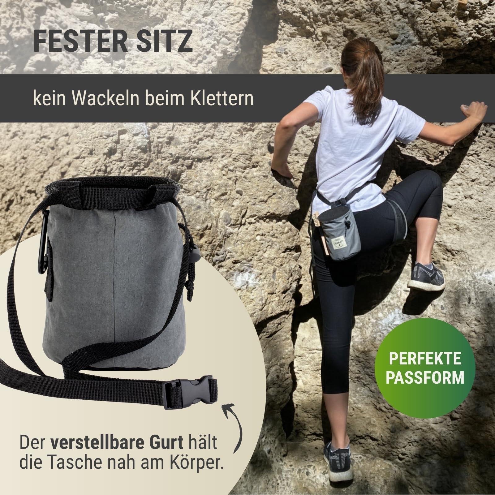 Boulder Set mit Chalkbag, Boulder-Bürste & Chalkball – Kletterzubehör Set für Bouldern & Klettern – Magnesiumbeutel mit Fleece-Futter, Wildschweinborsten-Bürste & Chalkball aus Baumwolle