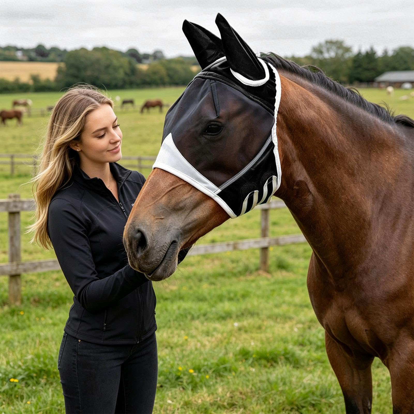 Masque Anti-Mouches pour Cheval | Tissu Respirant Protection UV - avec Oreilles Sangle Élastique Large Espace pour Les Yeux Demi-Masque - pour bétail, Vaches, Ferme, Toutes
