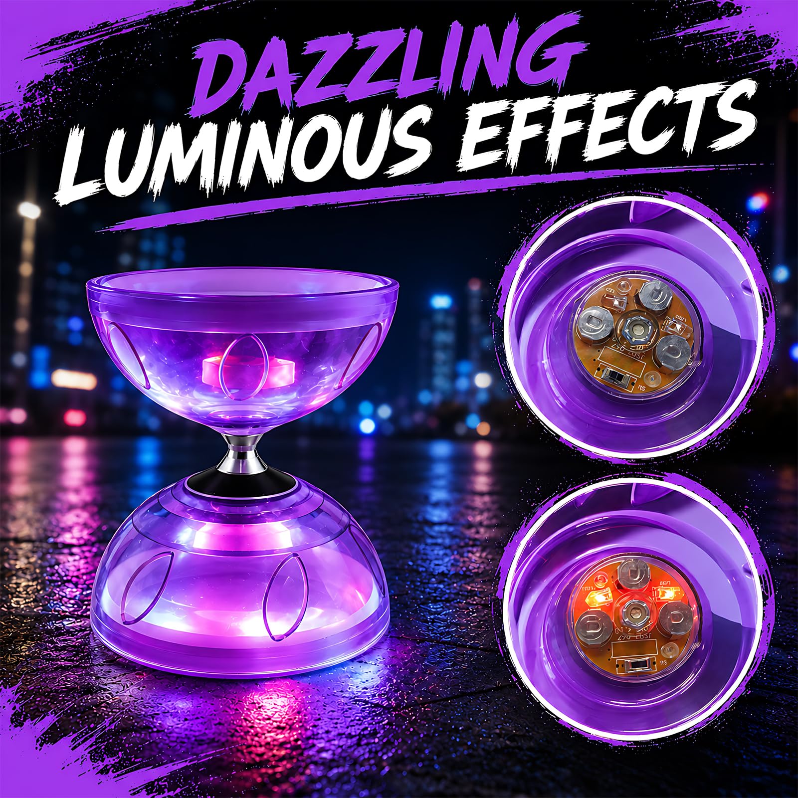 Diabolo Roulement à Billes, Diabolo Lumineux, Kit Lumineux Diabolo avec Corde de 10 M, Ensemble de Jonglage à Roulements à Billes pour Débutants et Professionnels (Violet)