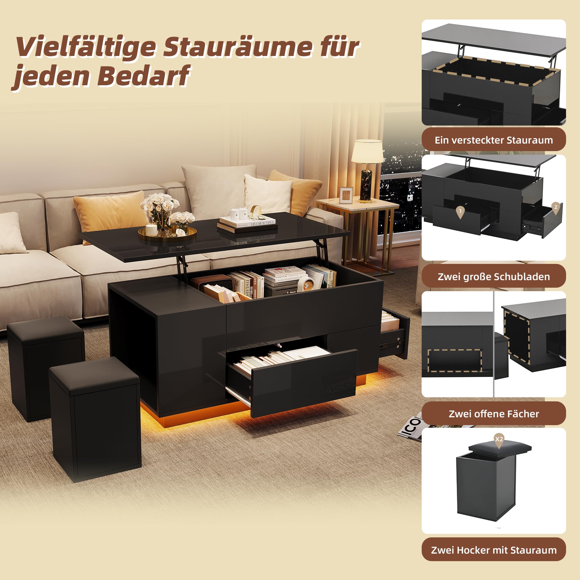 Kebnor Mesa de centro 4 en 1, mesa de sofá ajustable con LED, mesa de café con 2 cajones, mesa brillante con sofá y 2 taburetes, mesa auxiliar con espacio de almacenamiento oculto, capacidad de carga