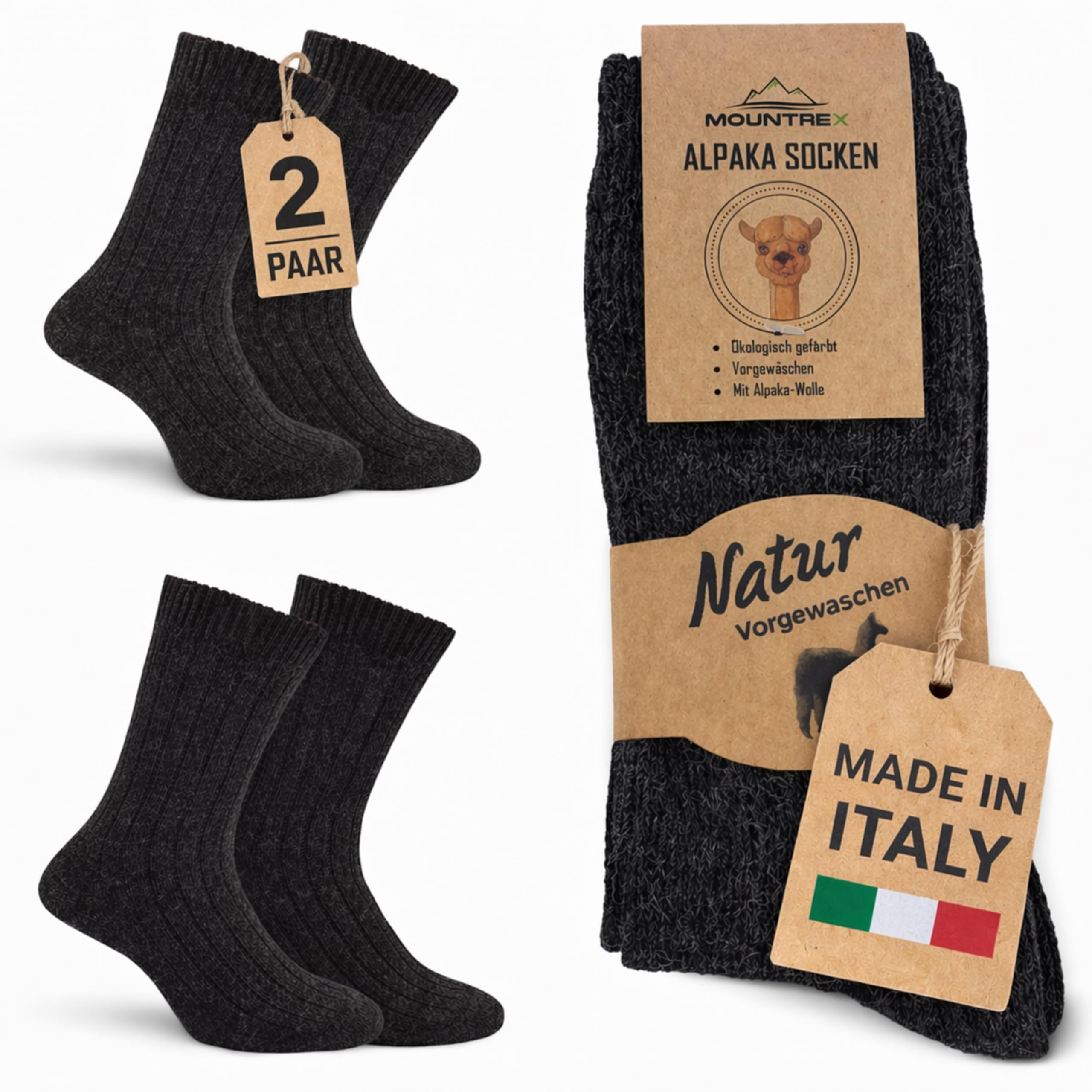 MOUNTREX® Alpaka Socken, Wollsocken für Damen und Herren - Wintersocken, Warme Haussocken, Thermosocken - Dünn - Kuschelsocken - 2 Paar