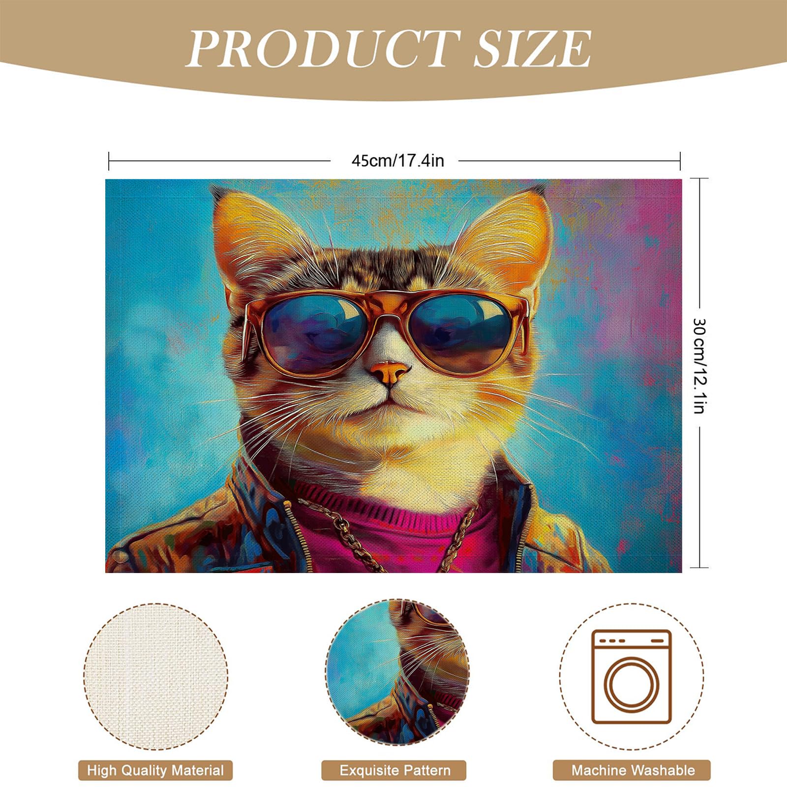 Set de Table Animaux de Dessin animé Lavable - Lot 8 Sets de Table Tissu Coton et Lin 45×30cm Lavable en Machine - Beau Chat Napperon Rectangulaire Exterieur Interieur