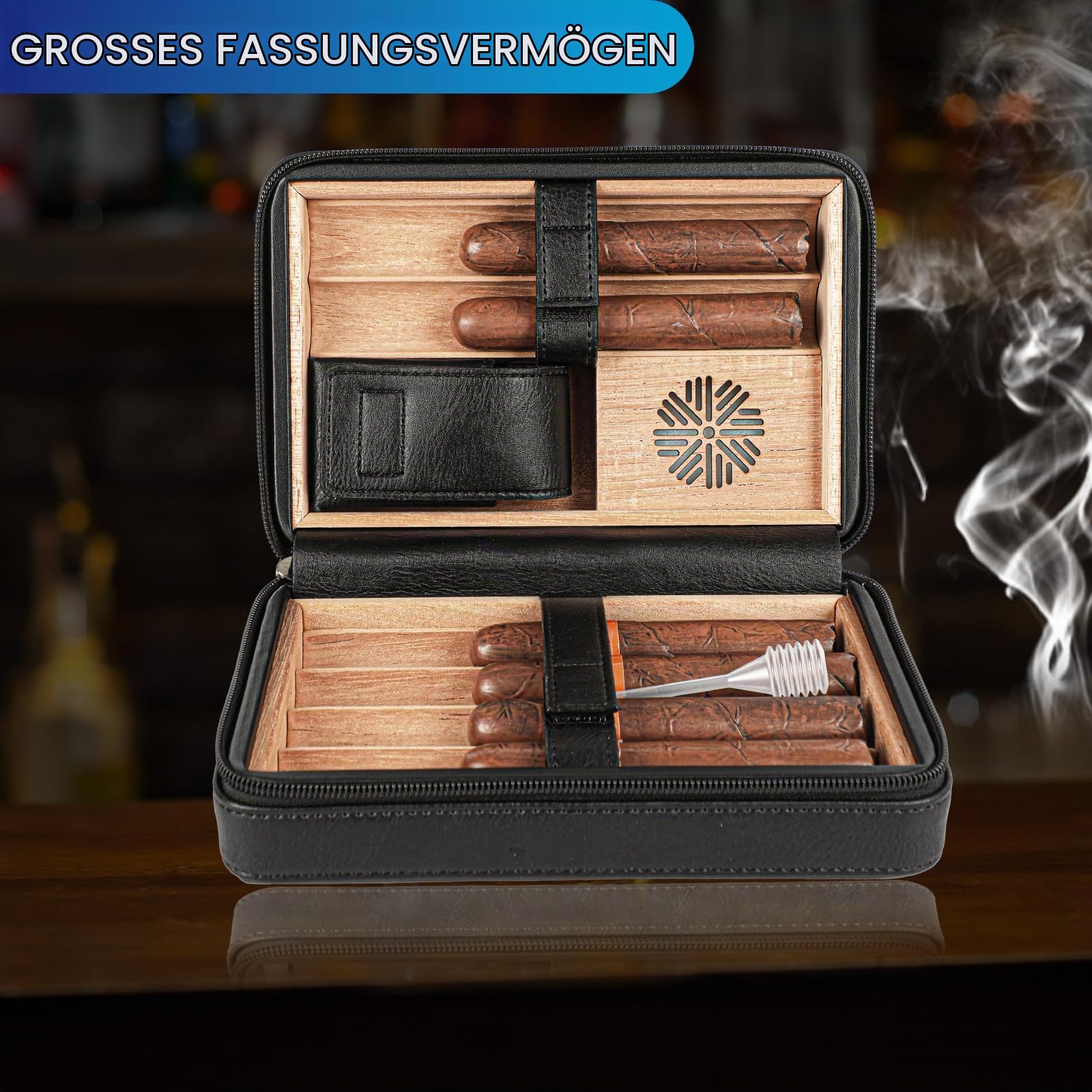 Hält6 Zigarre Portable Leder Zigarrenetui Spanisch Zedernholz Innenraum und Kartenlagerung Reise Zigarre Humidor, Zigarrenschneider Befeuchter perfekt für Geschäftsreisen Geburtstag Geschenke Vatertag