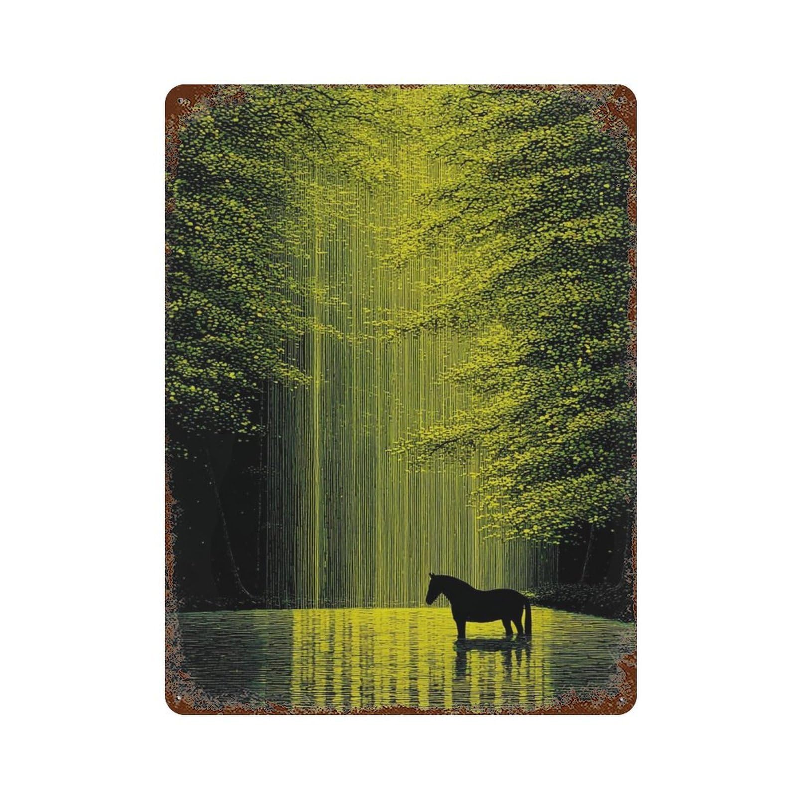 xiaoxiaoshen Moody Forest Horse Dark Green Woodland Nature Atmospheric Modern Storybook Wall Decor Art Metal Tin Poster Modern Home Decor Art Home Bar Shop Decorations Vintage Sign 40x30cm