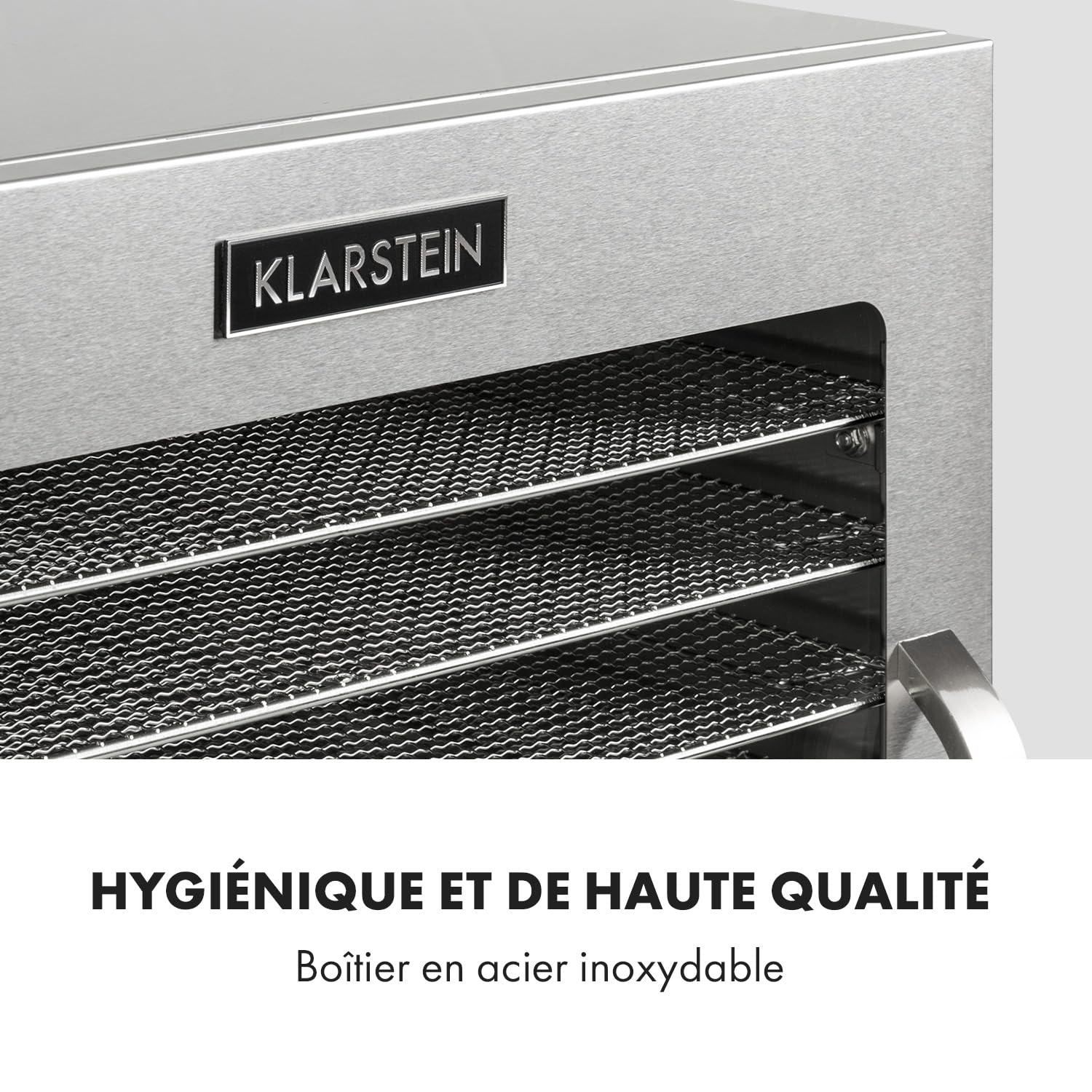 KLARSTEIN Captain Jerky 110, Déshydrateur,1000 W,30-90 °C, minuterie 24 h, sans BPA, commande tactile, 10 plateaux, porte en verre, déshydrateur en inox pour fruits, légumes, bac collecteur - argent