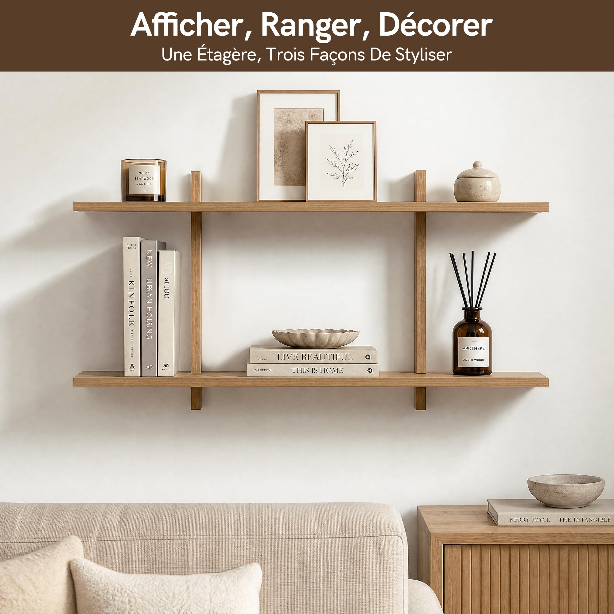 Afuly Étagère Murale Réglable 2 Niveaux Chêne Blanc pour Salon Déco, 80 cm | Étagères flottantes réglables, pour livres, plantes et cadres, salon, chambre, cuisine et salle de bain