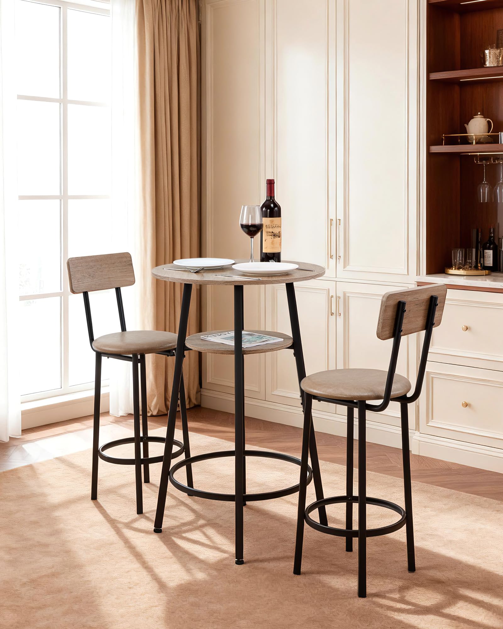 VEVOR Ensemble Table de Bar avec Tabourets 3PCs, Table Haute de 60 cm avec Deux Chaises aux Angles Arrondis, pour Salle à Manger Bureau Coin Repas Bistro, Mange-Debout Ronde, Gris Clair et Noir