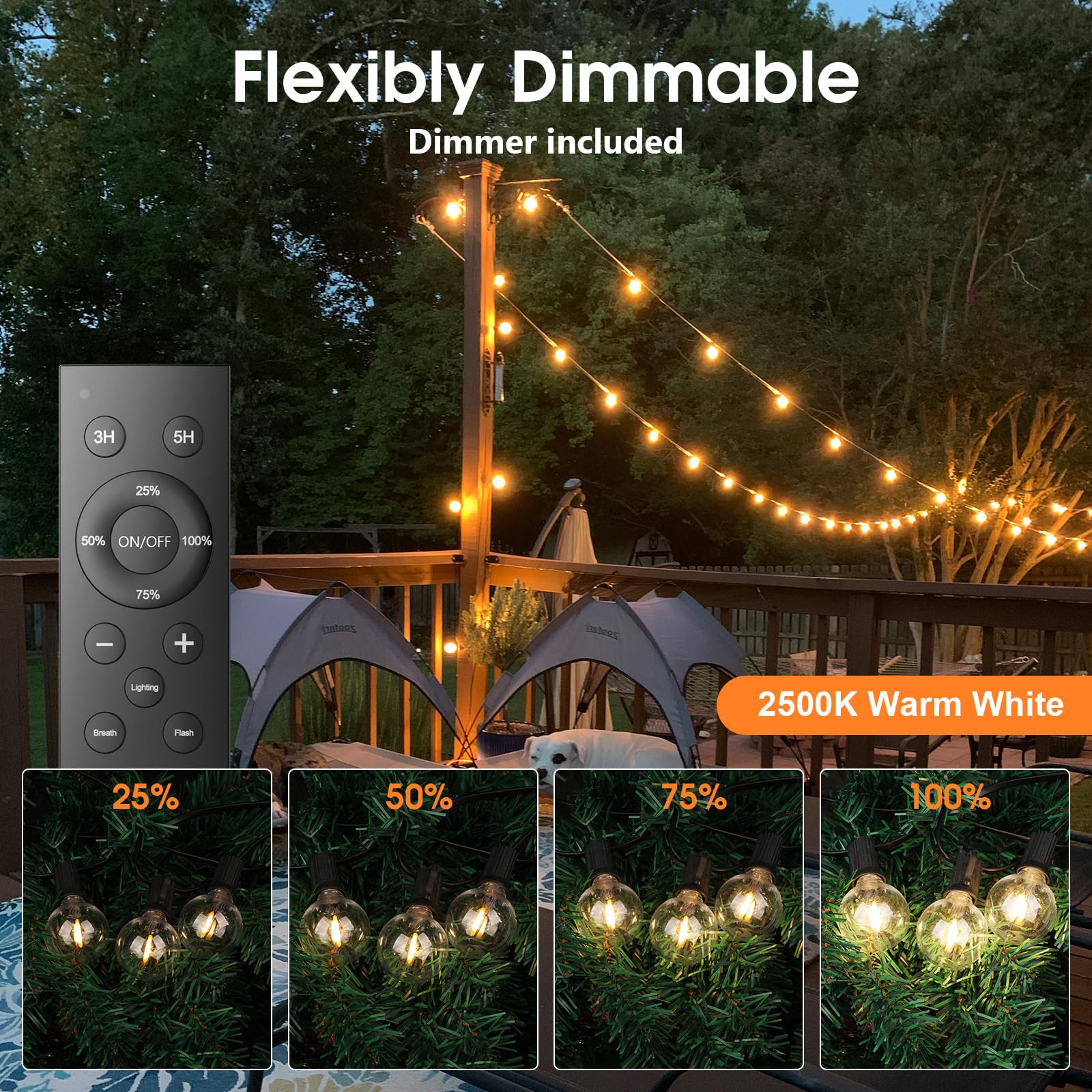Lichterkette Außen 30m, Dimmbare Lichterkette Outdoor Strom mit Fernbedienung, 50+2 Warmweiß Glühbirnen, IP45 Wasserdicht für Garten, Balkon, Terrasse, Camping und Party