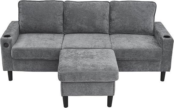 L-Shaped Couch Sofa, Corner Sofa 3 Seater Sofa, Sectional Sofa Couches With USB, Cup Holder, For Apartment Living Room (Grey)