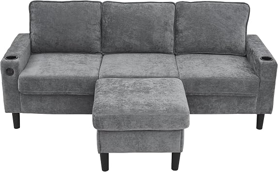 L-Shaped Couch Sofa, Corner Sofa 3 Seater Sofa, Sectional Sofa Couches With USB, Cup Holder, For Apartment Living Room (Grey)