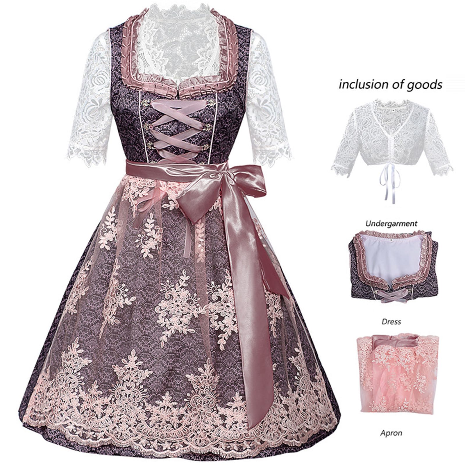 UHouse Dirndl Damen Midi Lang Spitze Dirndlkleid Elegante Trachtenkleid Trachtenmode für Oktoberfest Dirndlkomplettsets mit Spitzenschürze Trachtenrock inkl. Dirndlschürze Dirndlbluse Trachten Kleid
