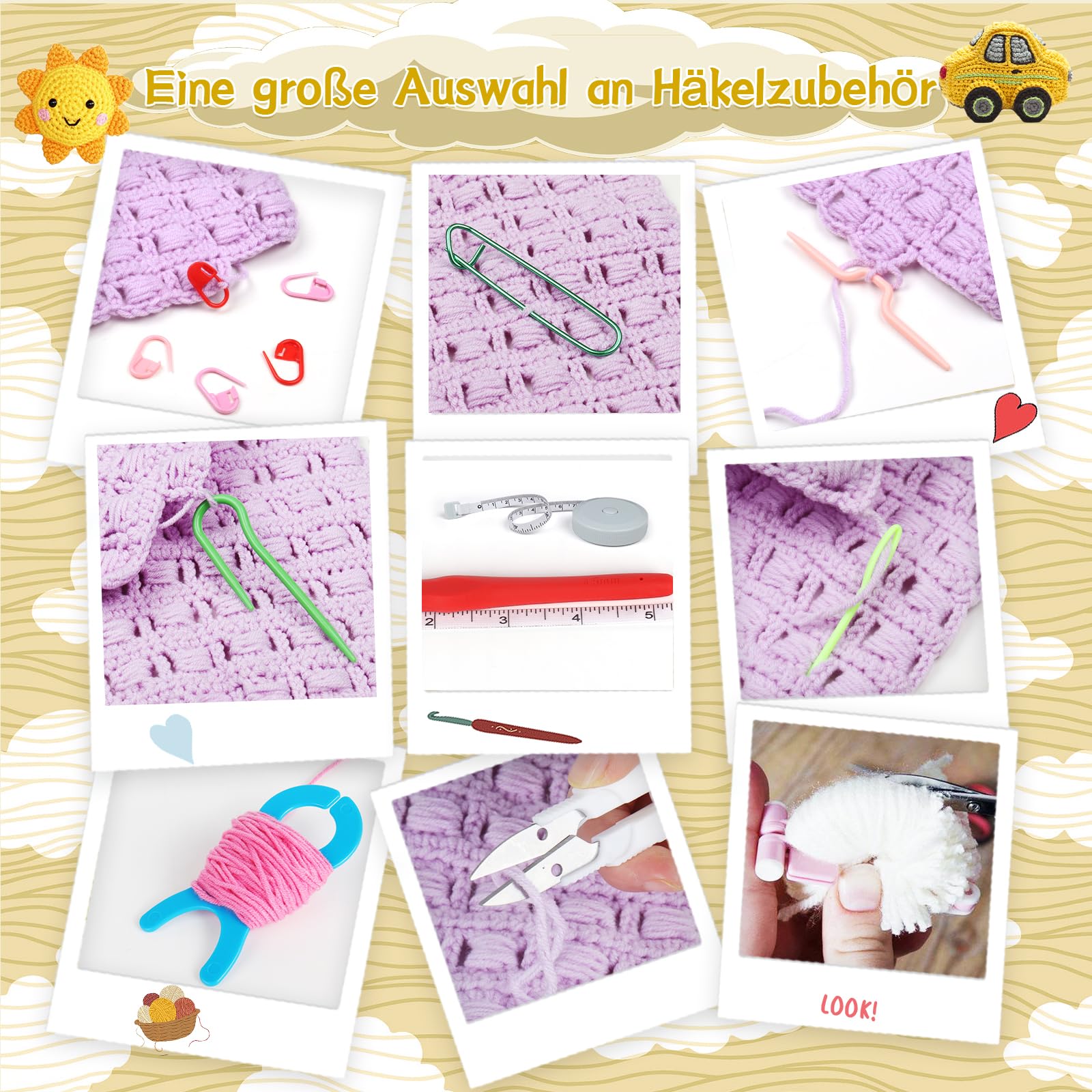 Aeeque Kit Crochet Débutant Complet Adulte 102 Pièces - 12 Aiguilles 0,6-1,9mm, 9 Crochets Ergonomiques, 15 Pelotes de Laine pour Tricot - Sac Beige Inclus