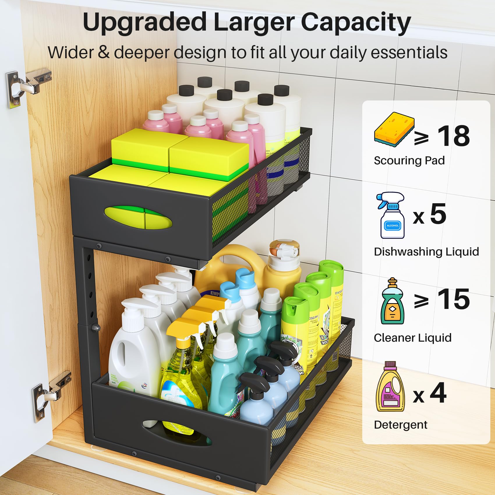 Organizzatore sotto il lavandino, confezione da 2 organizer e portaoggetti sotto il lavandino, organizer a 2 ripiani estraibili, organizer per cassetti da cucina, bagno, dispensa, nero
