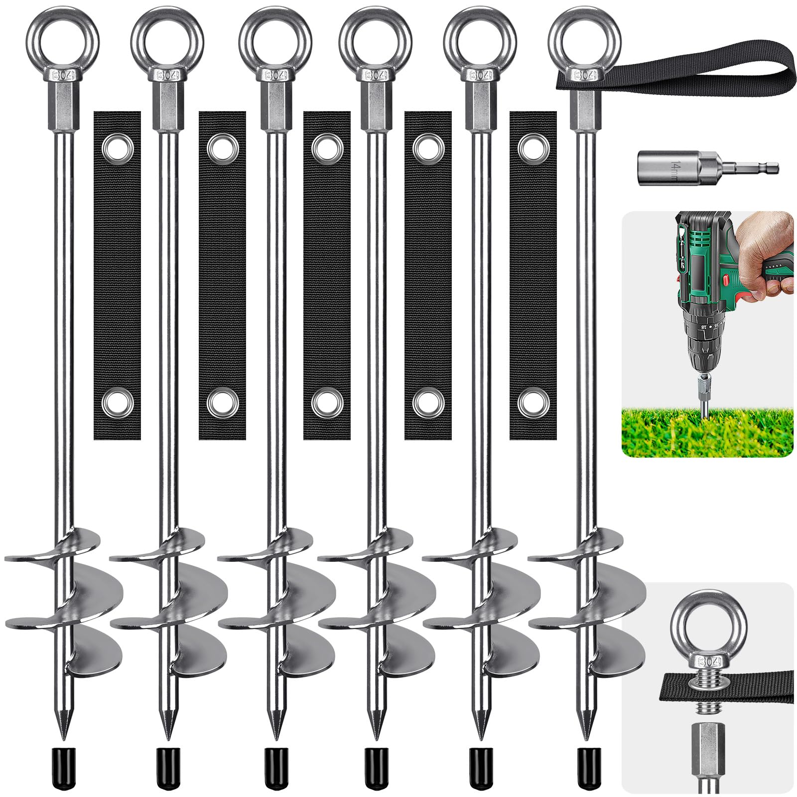 Insaga Ground Anchor with Straps and Adaptor Heavy Duty 76cm Tent Stakes Screw in Fully Welded Spiral Resist High Wind, Trampolines Anchor Kit for Camping/Swing Set/Shed/Carport,6 Pack — image 1