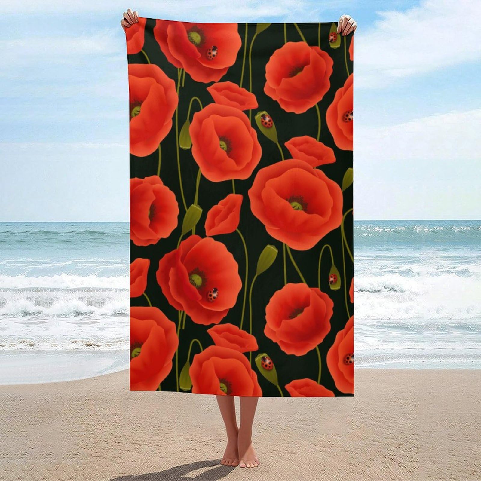 LEDFCVSU Beach Towel, Red Poppy Flower Bath Towel, Absorbent Towel for Swimming, Sports, Travel