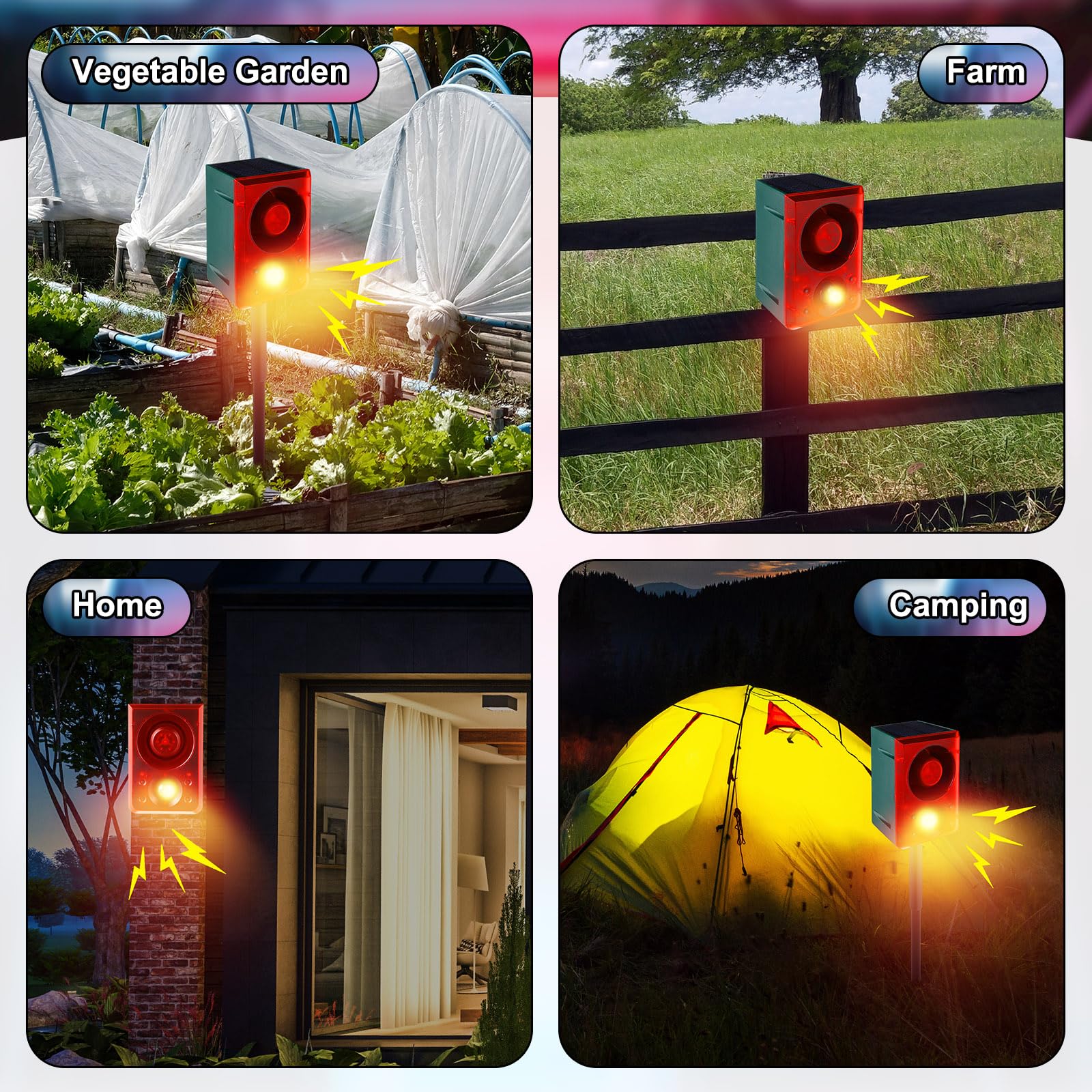 Qualirey 2 alarmas solares con sensor de movimiento para exteriores con sonido de disparo de pistola, ladridos de perro, 3 modos de grabación y volumen ajustable, carga USB, 129 dB, generador de ruido
