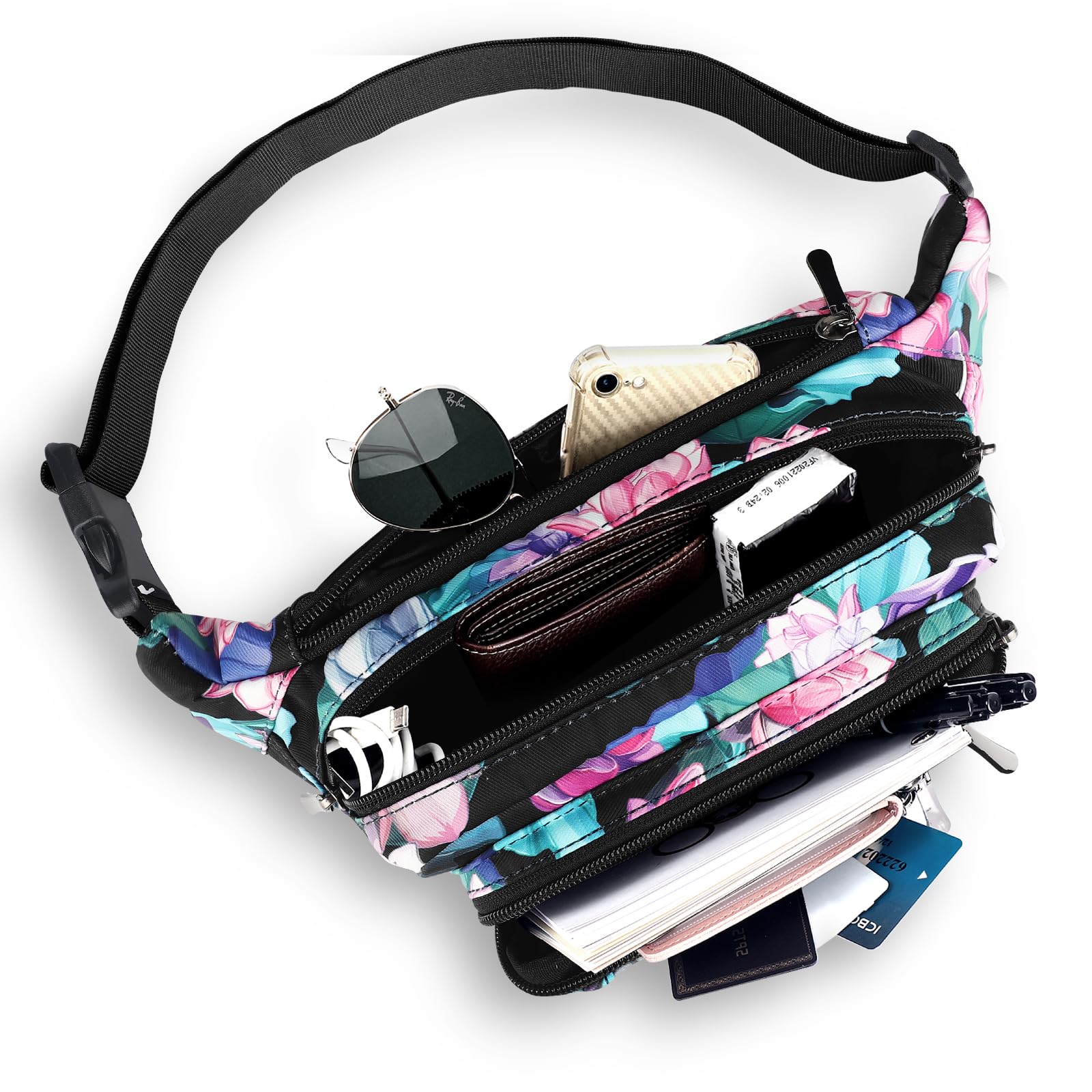 Waist Pack Bag Fanny Pack for Men&Women Hip Bum Bag with Adjustable Strap for Outdoors Workout Traveling Casual Running Hiking Cycling (New Black Flowers-1)