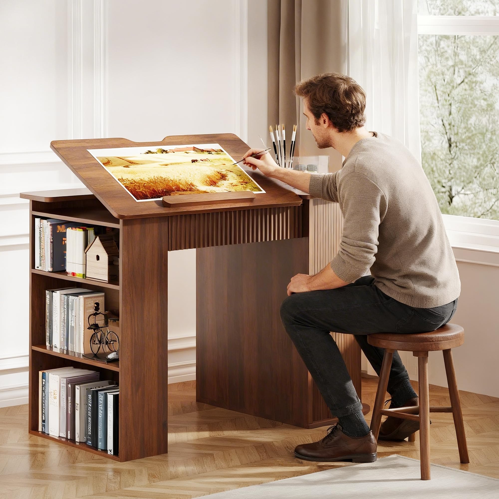 Mesa de Dibujo inclinable con cajones y almacenaje, Efecto Madera
