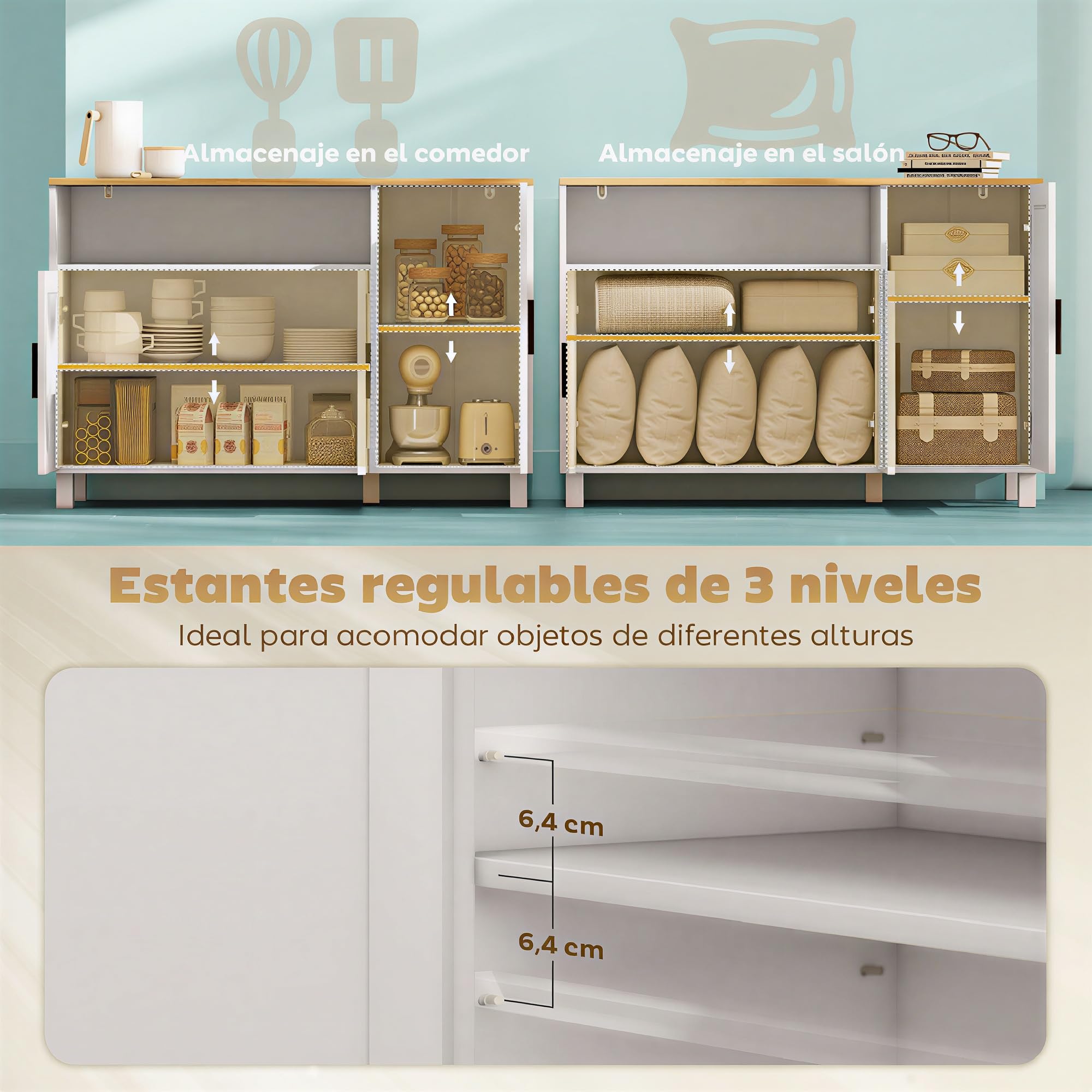 HOMCOM Aparador de 3 Puertas de Cierre Suave, Aparador de Salón con Estantes Ajustables, Compartimento Abierto, Patas de Madera, para Cocina, Entrada, Dormitorio, Blanco, 110x33x75 cm