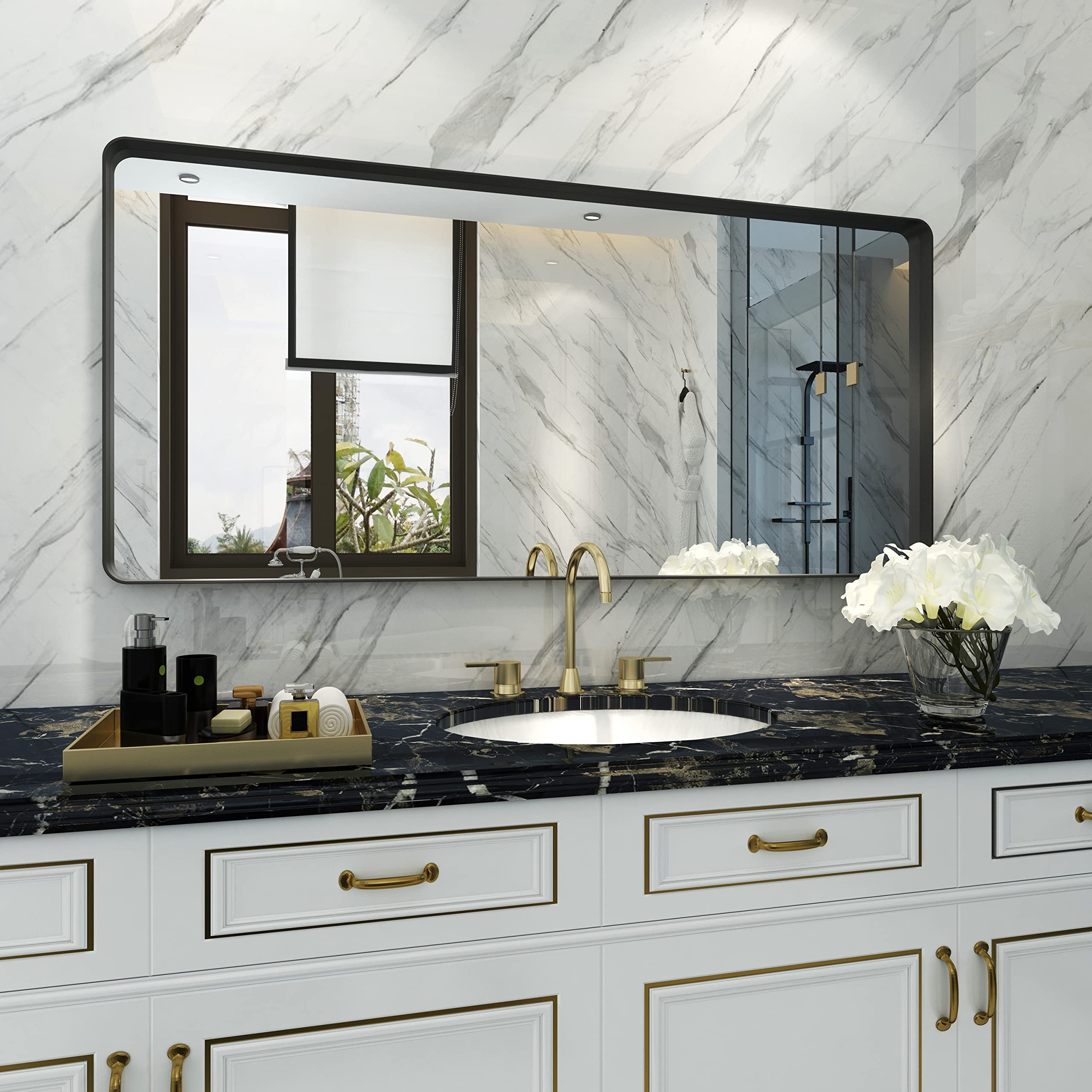 Guwet Wall Mirror for Bathroom,60x28 Mirror for Wall with Aluminium and Armoured Glass,Decorative Wall Mirrors for Living Room,Bedroom,Anti-Rust, Shatterproof,Horizontal or Vertical(Black)