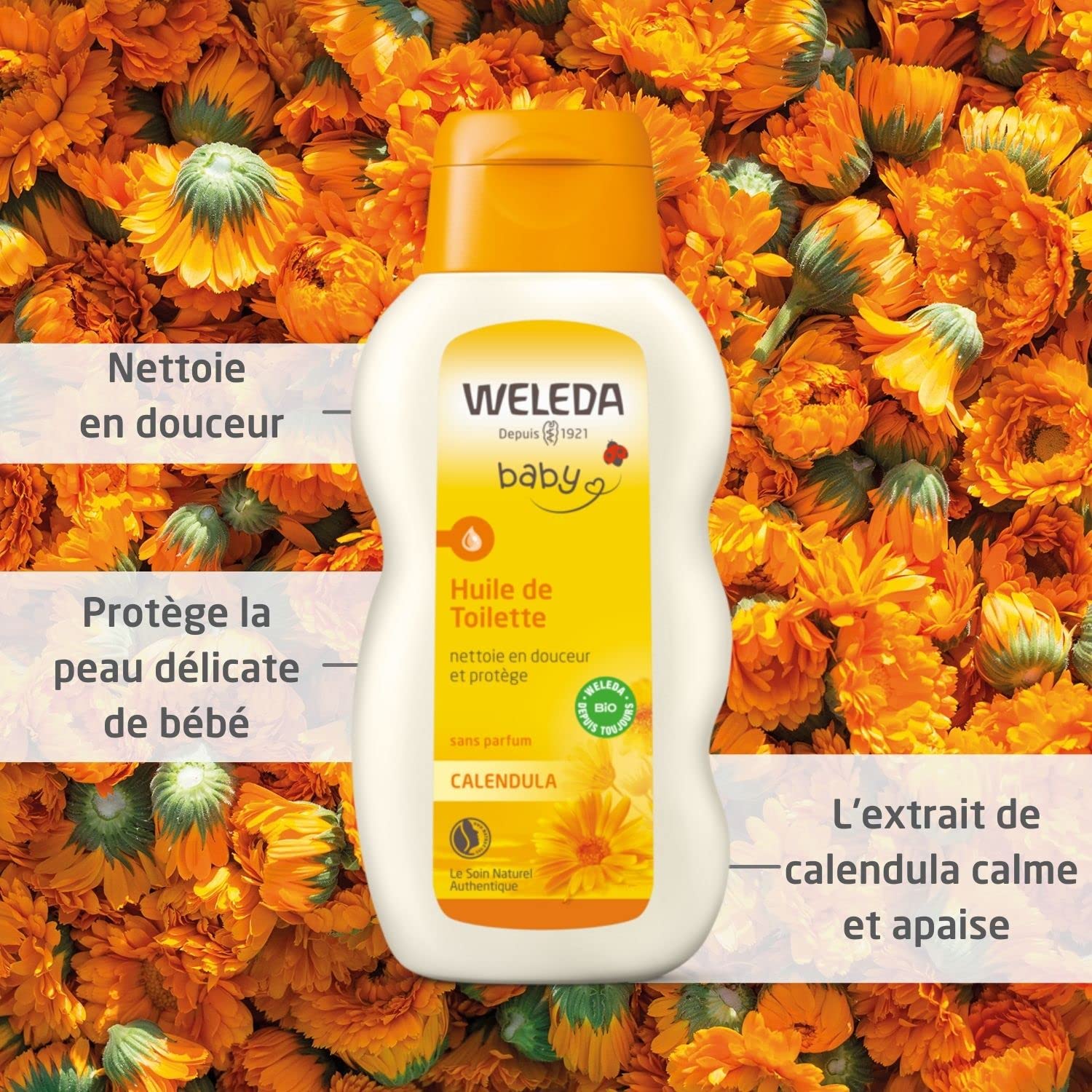 WELEDA - Huile de Toilette Calendula - Nettoie en douceur et protège - Pour la toilette quotidienne des bébés et jeunes enfants - NATRUE* - Bio** - Vegan*** - 200 ml