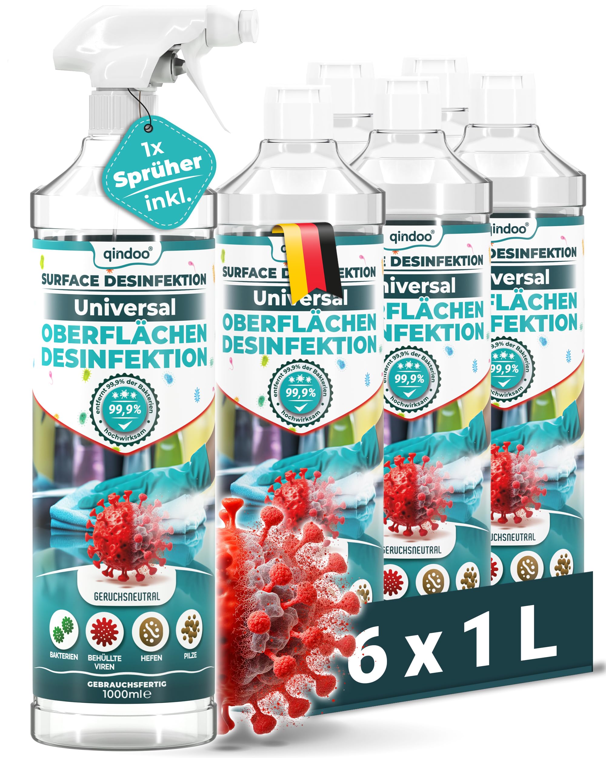 Schnelldesinfektion Universal Flächendesinfektionsmittel Desinfektionsmittel für Oberflächen wirkt gegen Viren, Bakterien, Pilze, Keime Desinfektion Sprühflasche, 6L - 1x Sprüh