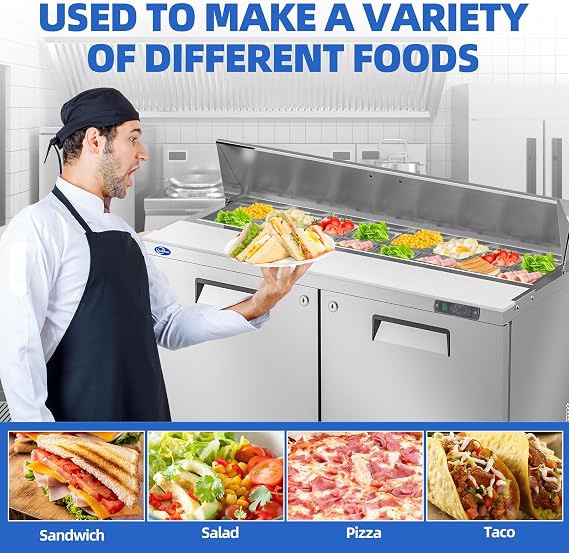 Sandwich Prep Table Refrigerator, 60 W Commercial Refrigerator Sandwich Salad Prep Table, Sandwich Prep Table with 16 Pans, Salad Bar Buffet Station For Home with 2 Shelves for Restaurant