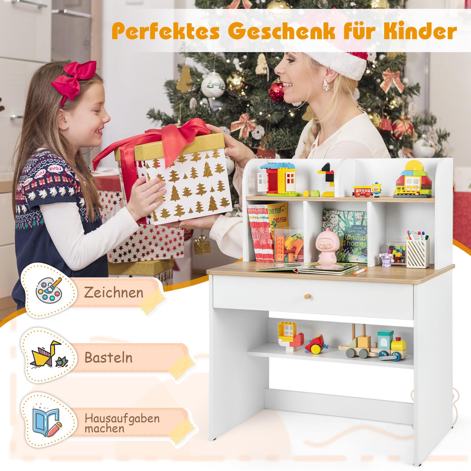 COSTWAY Schreibtisch Kinder, Kinderschreibtisch aus Holz, Schülerschreibtisch mit Schublade & Ablagefach, Jugendschreibtsich mit Stauraum, Kleiner Kindertisch für Kinder ab 3 Jahren (Natur)