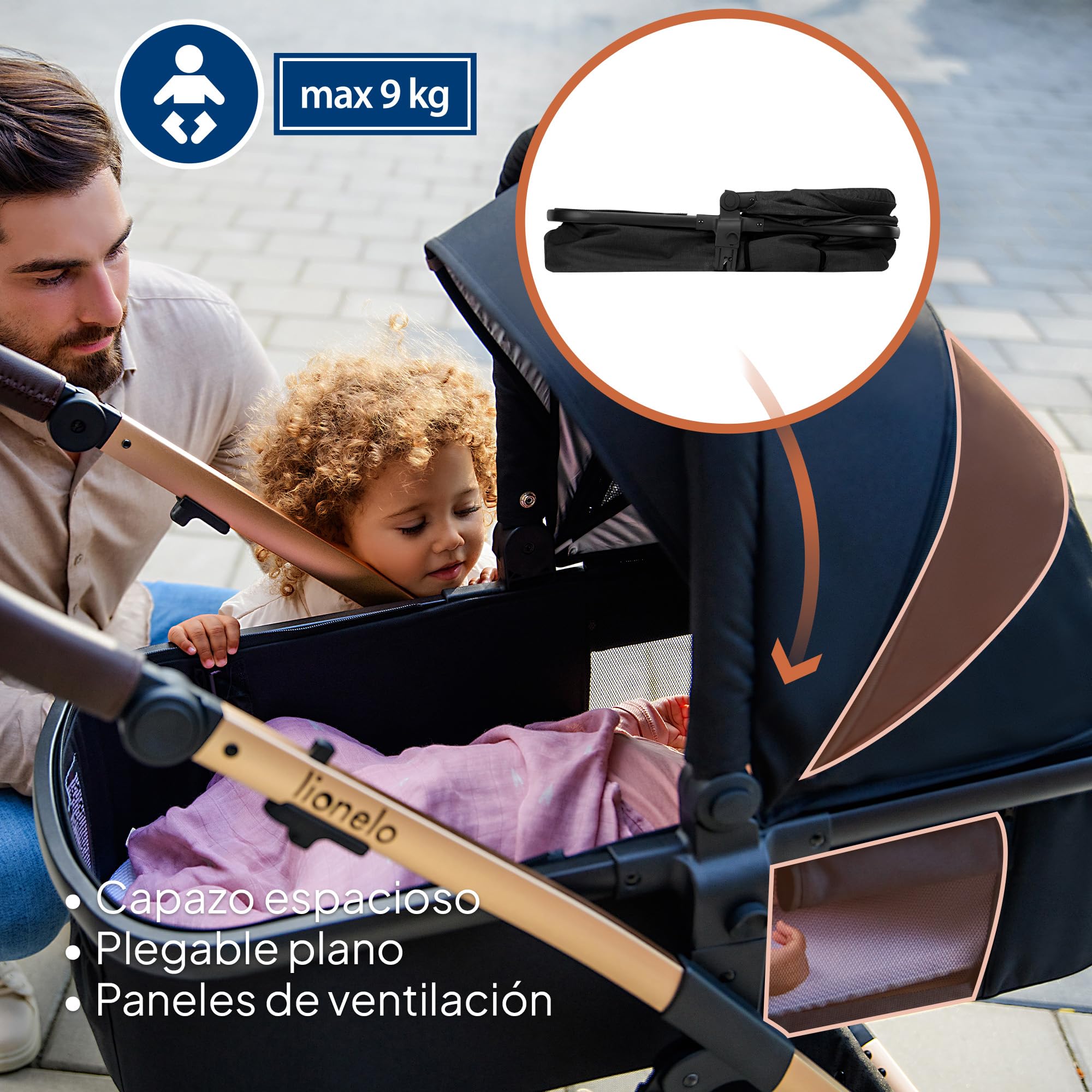 LIONELO Amber Coche de bebé multifuncional 2 en 1 Conjunto silla de paseo con el Asiento de Cubo e Capazo Manillar regulable Bolsa Mosquitero Protector de lluvia