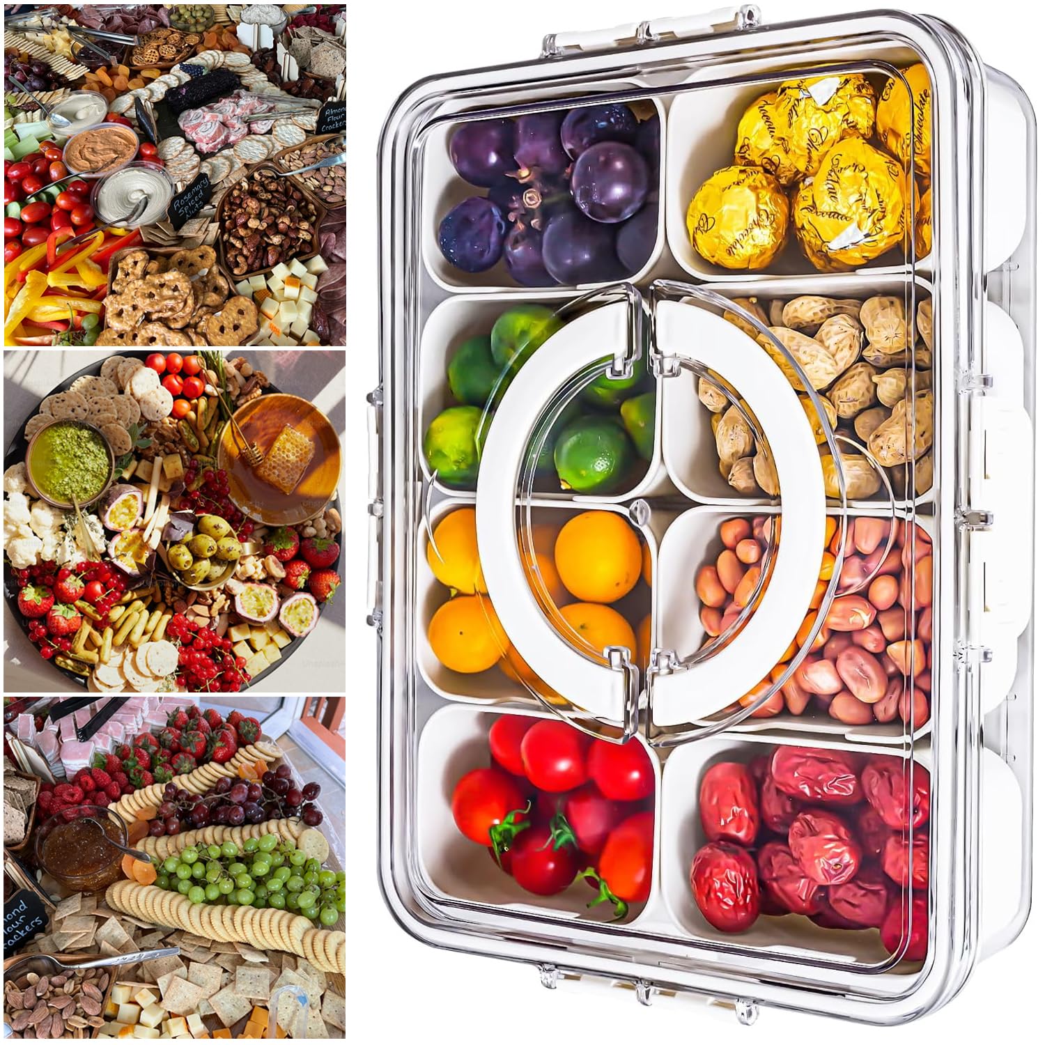 Snackle Box Container Divided Serving Tray with Lid and Handle Snack Box Container Organizer for candy, Nuts, Fruits Perfect for Entertaining and Party