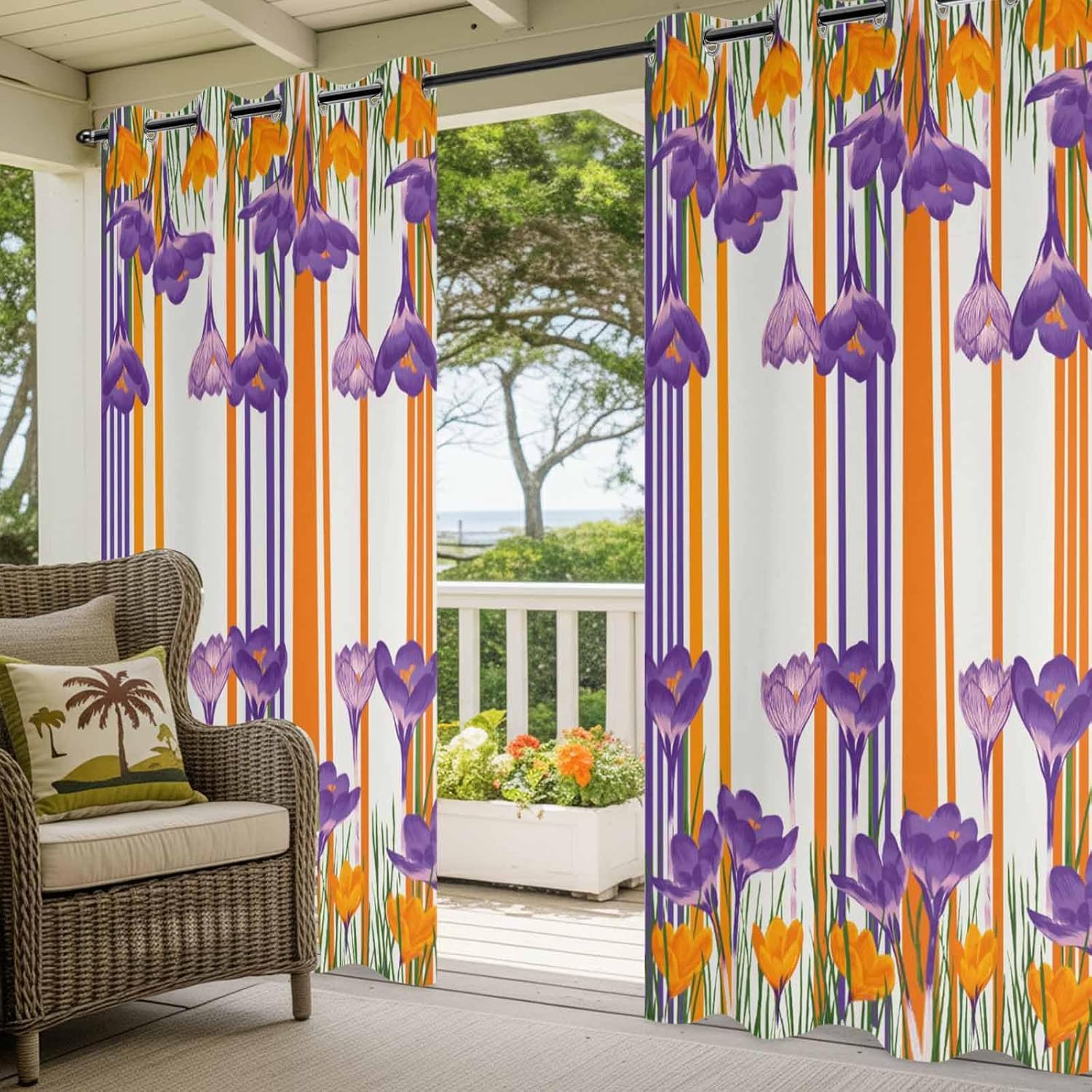 Outdoor Curtains for Patio, Purple Spring Floral Waterproof Blackout Outside Curtain for Porch/Pergola/Gazebo, Thin Line Farmhouse Modern Abstract Art Thermal Insulated Drapes, 1 Panel, 54 x 84 Inch