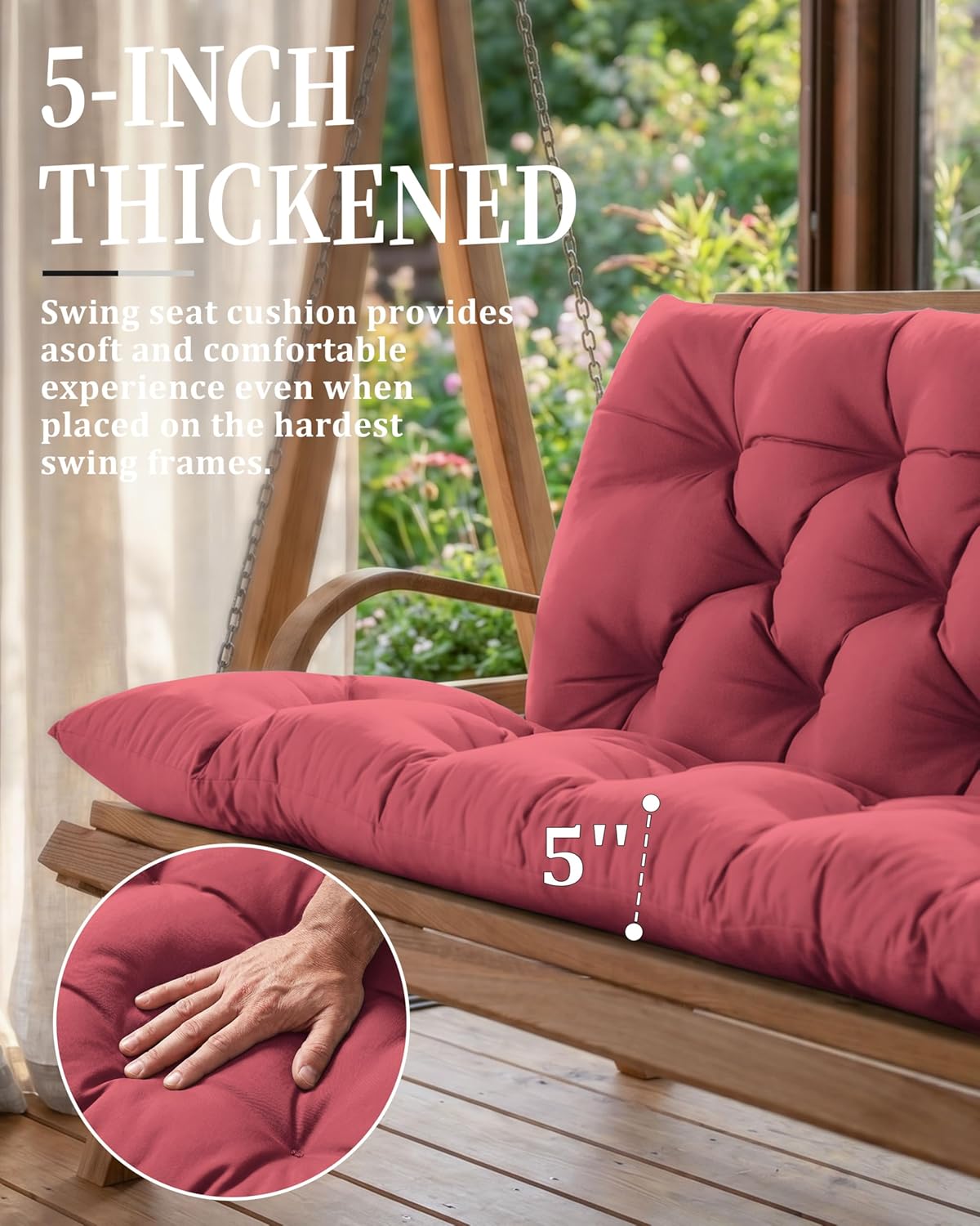 Porch Swing Cushion with Backrest 2-3 Seater Outdoor Bench Cushions Waterproof & Fade Resistant Thickened 5 Inch Swing Replacement Cushion Ties for Patio, Garden & Backyard（47''×40''×5''）