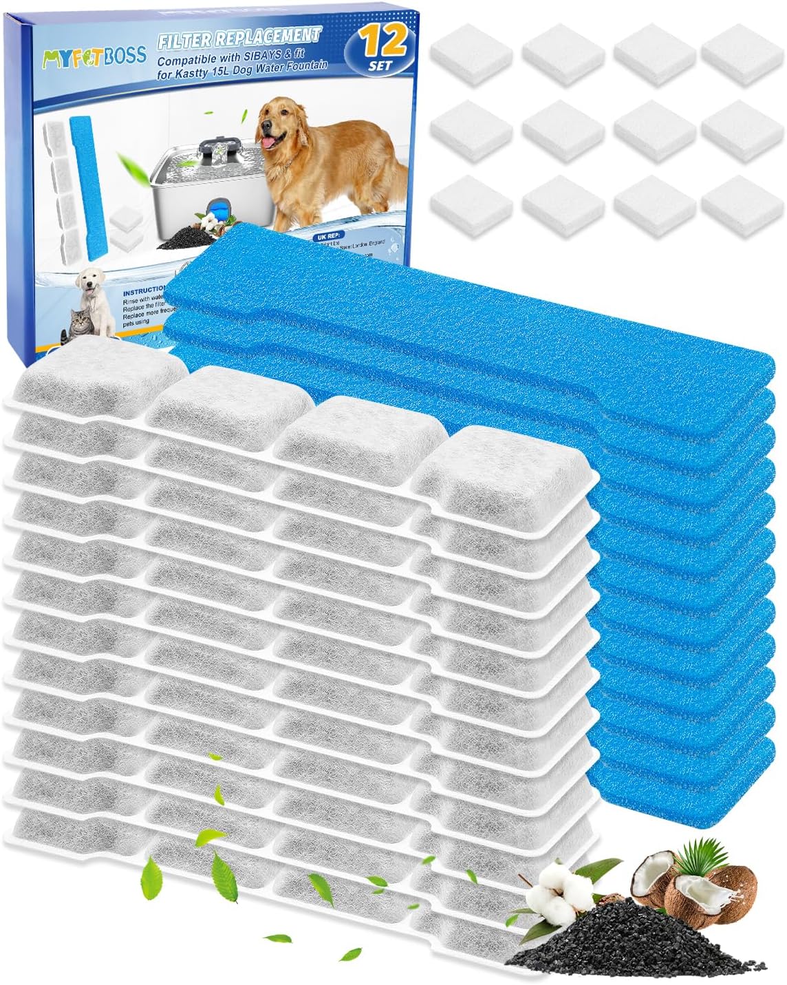 12 Set Dog Water Fountain Filter Compatible with SIBAYS 15L/4Gal Pet Fountain, Fit for Kastty Dog Water Fountain Stainless Steel, Keeping Pet Water Clean