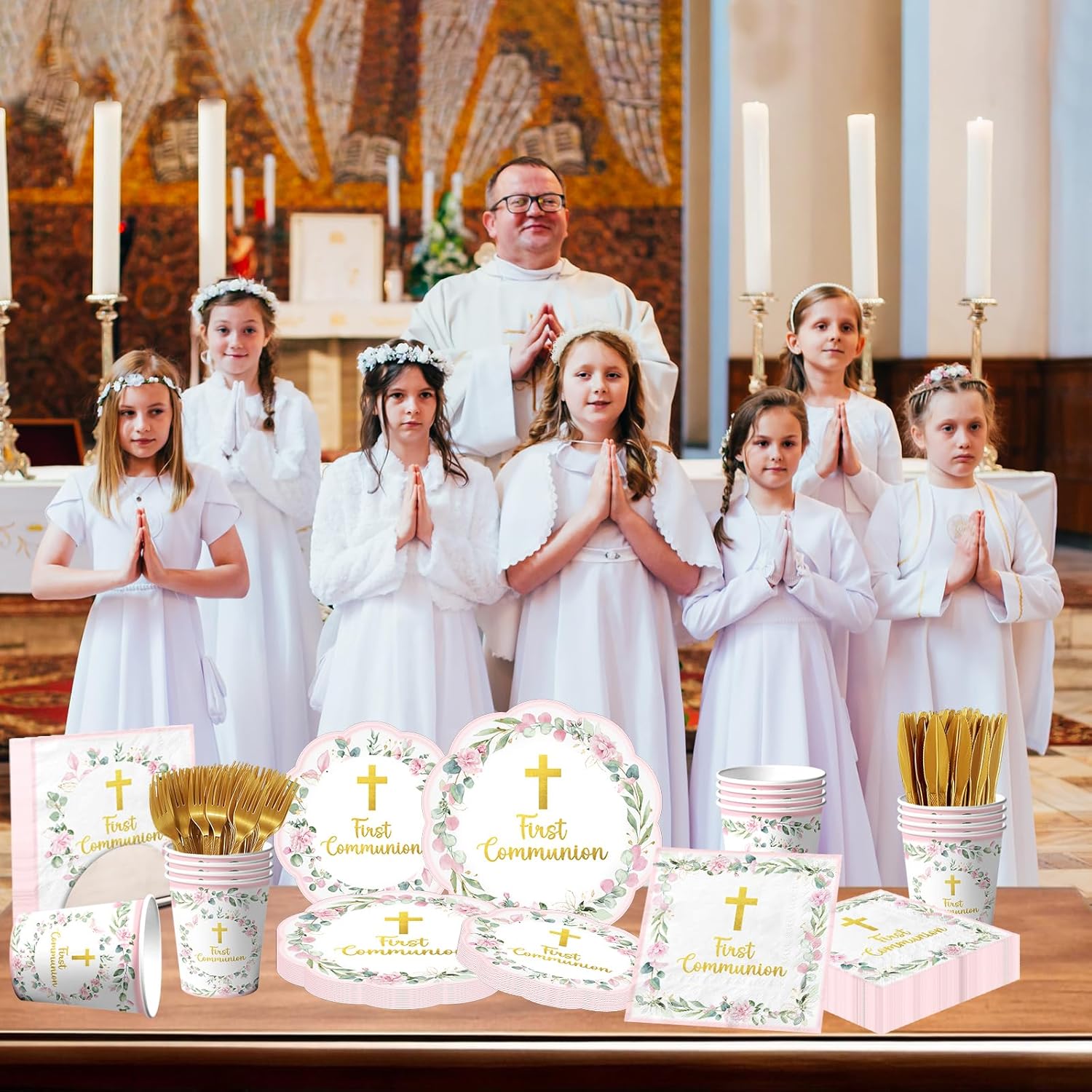 First Communion Decorations for Girls, First Communion Plates and Napkins Pink Primera Comunion Decoracion for First Holy Communion Baptism Party Decorations Serves 25