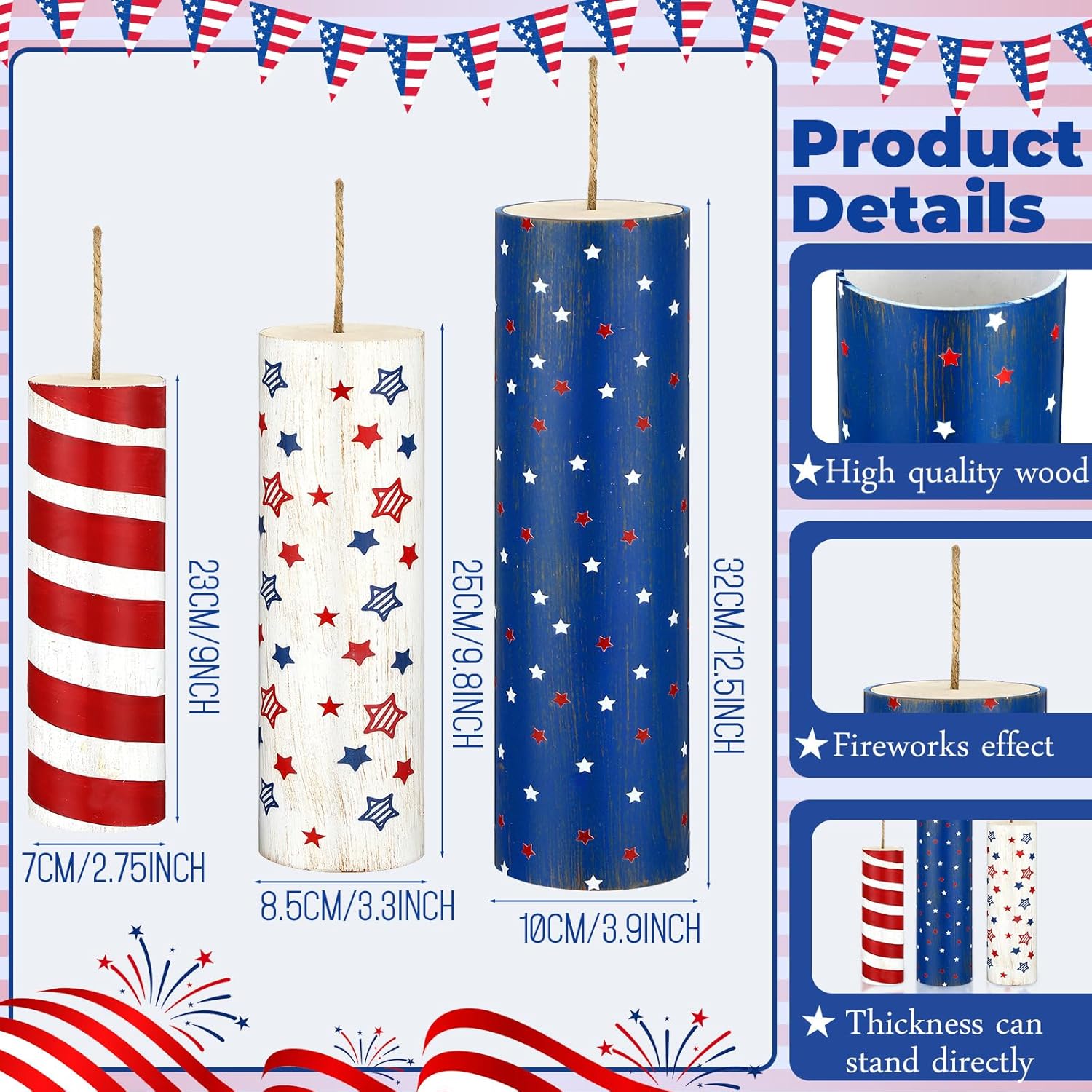 3 Pcs Large 4th of July Wooden Porch Sign Patriotic Wooden Firework Porch Decor 250th Anniversary Rustic Memorial Day Decor American National Days Yard Sign for Indoor Outdoor(Round)