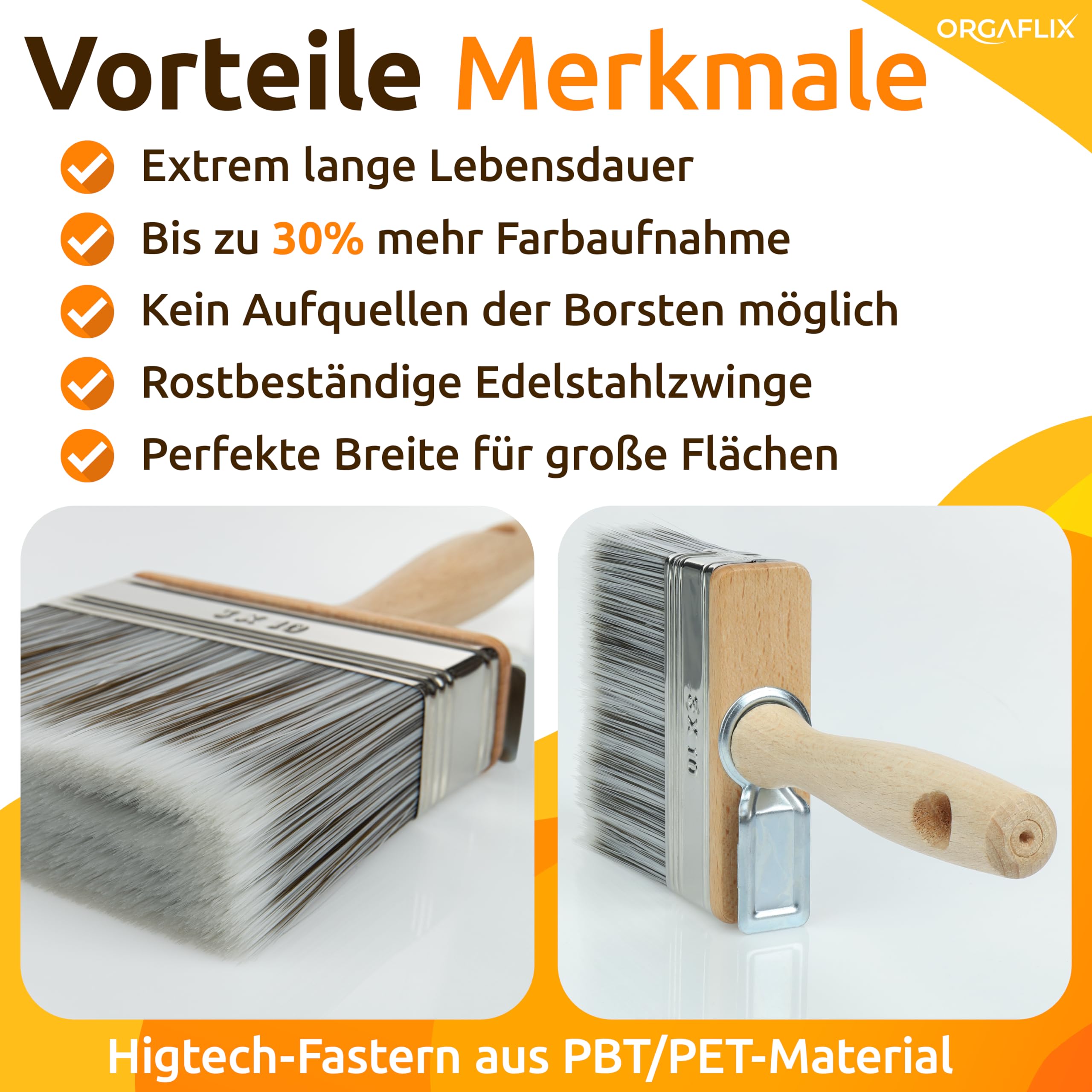 ORGAFLIX Flächenstreicher 100mm Premium - 2er Set - Kein Borstenverlust - Malerset große Flächen, Lasurpinsel, Holz außen, Quast, Borstenpinsel, Malerpinsel breit, Pinsel Möbelfarbe streichen