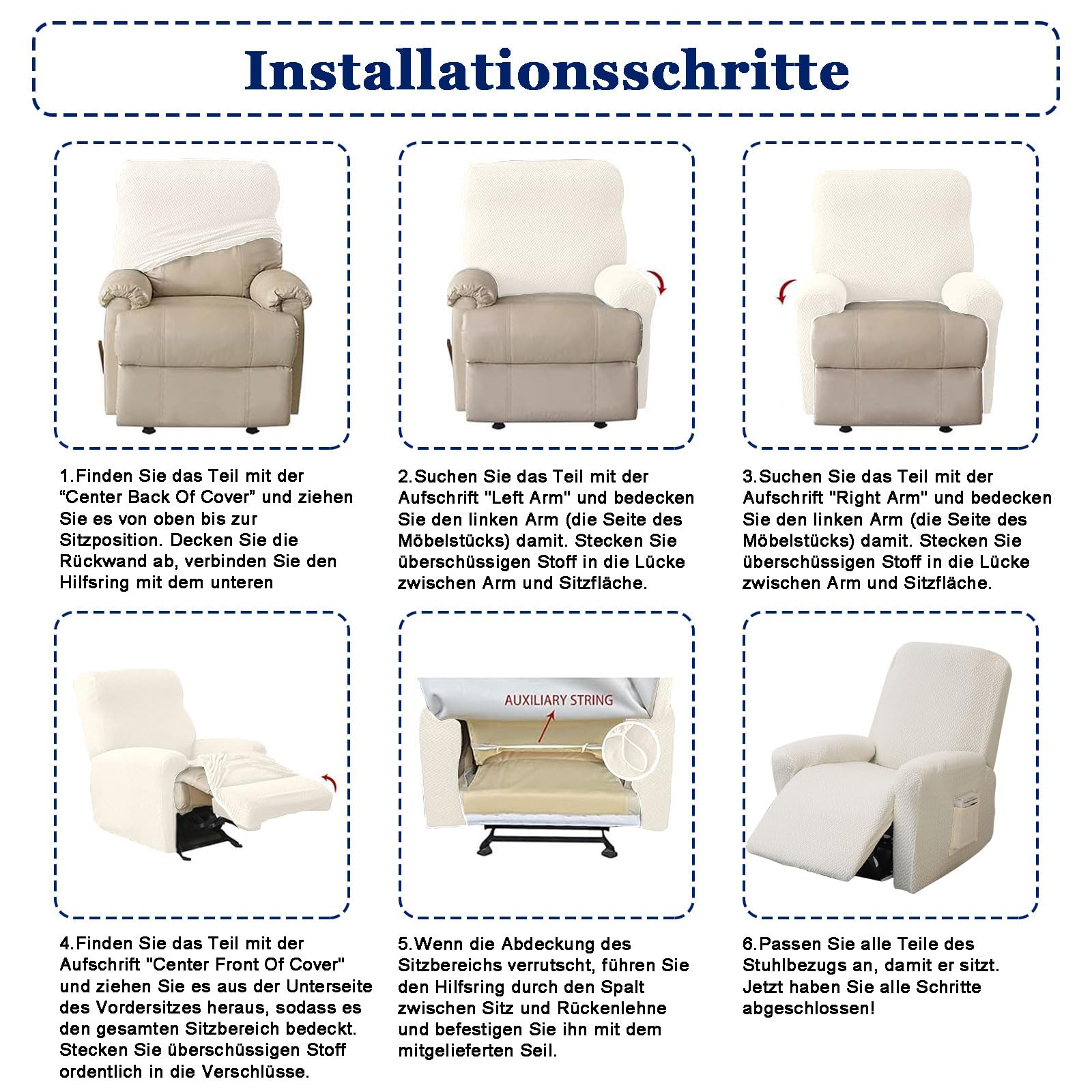 Fodere per poltrona, 4 pezzi, elasticizzato, con tasche, lavabile, elasticizzato, per poltrona relax (beige)