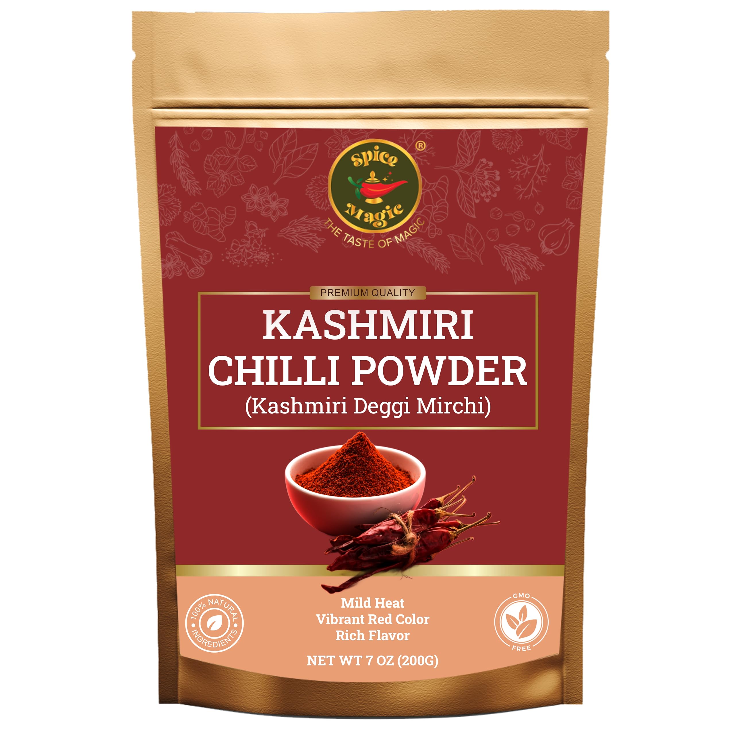 Spice Magic Kashmiri Chilli Powder 7oz (200g) I Deggi Mirch I Low Heat I 100% Pure, Aromatic & Natural Non-GMO I Chili Powder - Red Pepper Powder