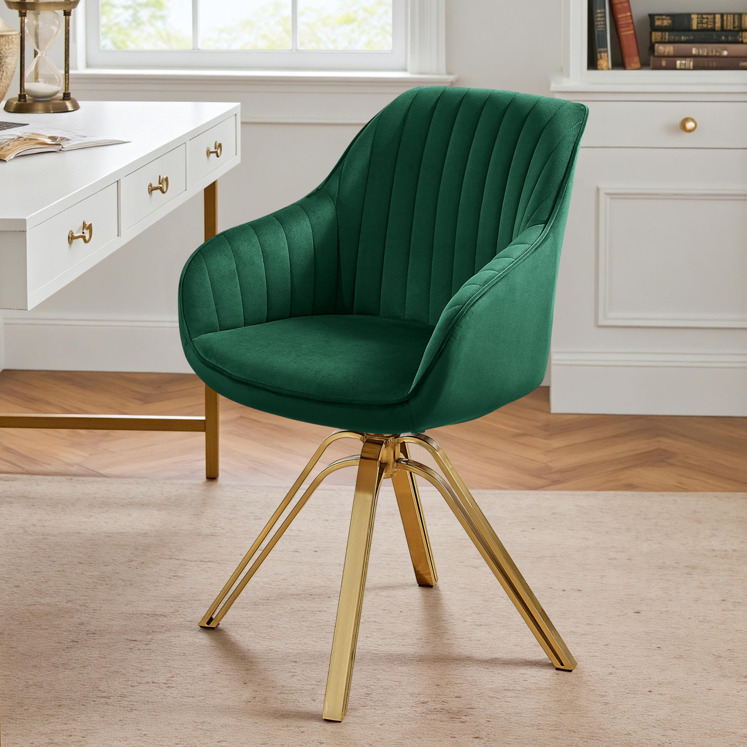 Volans Swivel Accent Chair, Mid Century Modern Desk Chair No Wheels, Upholstered Swivel Office Chair with Hollow Brushed Gold Plated Legs Office Chair