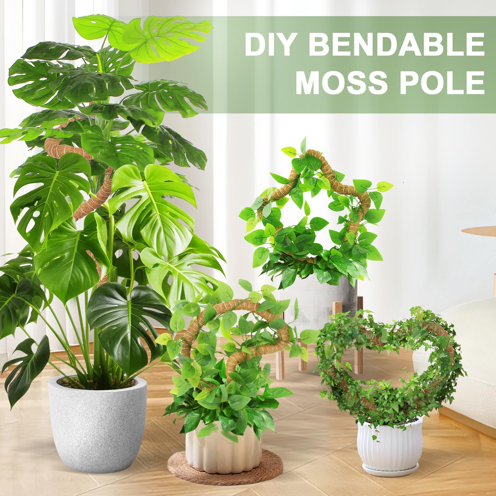 Monstera podpórka do roślin pnących, 3 sztuki, 120 cm i 60 cm, pręt do mchu z akcesoriami, giętki, ręcznie wykonany pręt kokosowy, podpórka do roślin wewnętrznych, roślin pokojowych