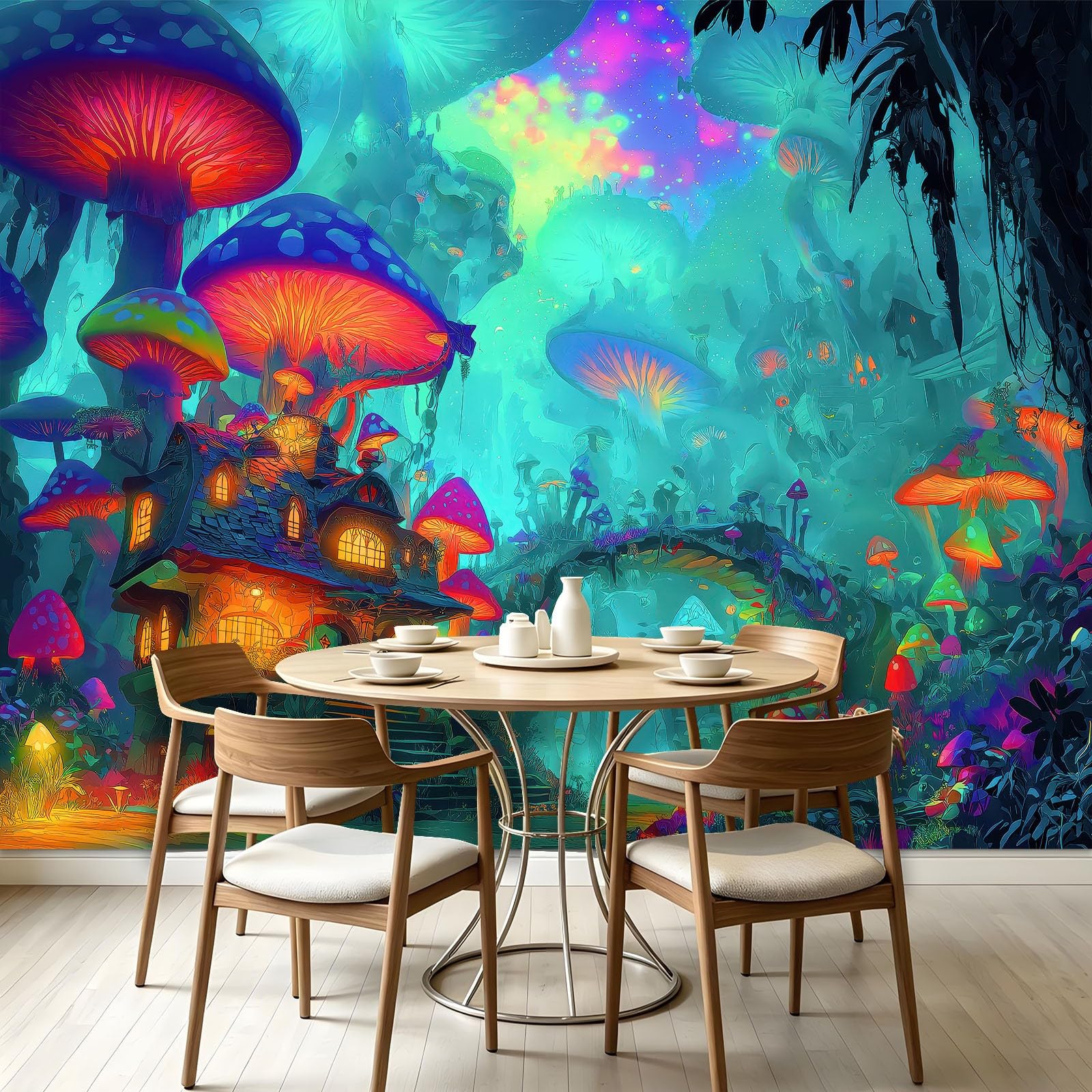 Générique Tapeta z włókniny Las Bajki 300 x 210 cm, jasna tapeta do domu z grzybami panoramiczne, łatwa do zainstalowania dekoracja ścienna do salonu, sypialni, kuchni