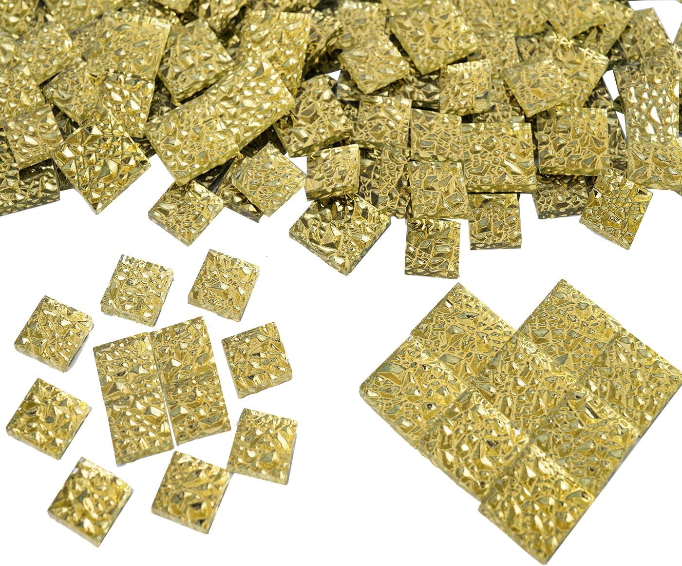 500G Golden Mirror Glass Tiles Pieces, 200pcs Smooth Front with Diamond Textured Backing Mosaic Tiles Pack for Beginners, 2 Sizes Mixed Glass Squares for Mosaic Making Supplies, Home Decor