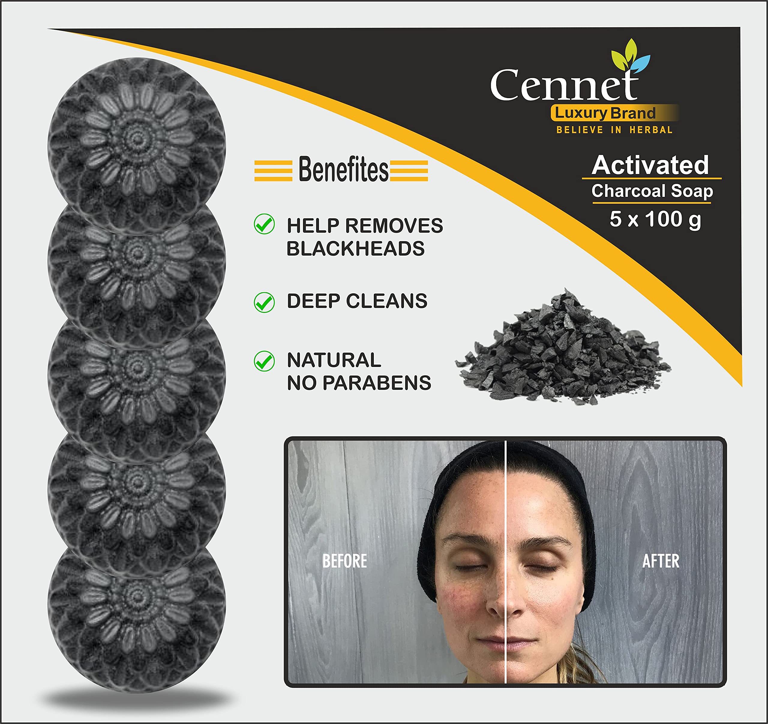 Cennet Pure Activated Charcoal Soap For Women Skin Whitening, Acne, Blackheads, Anti Wrinkle, Pimple Skin Care Charcoal Soap (Pack of 5) 500 g