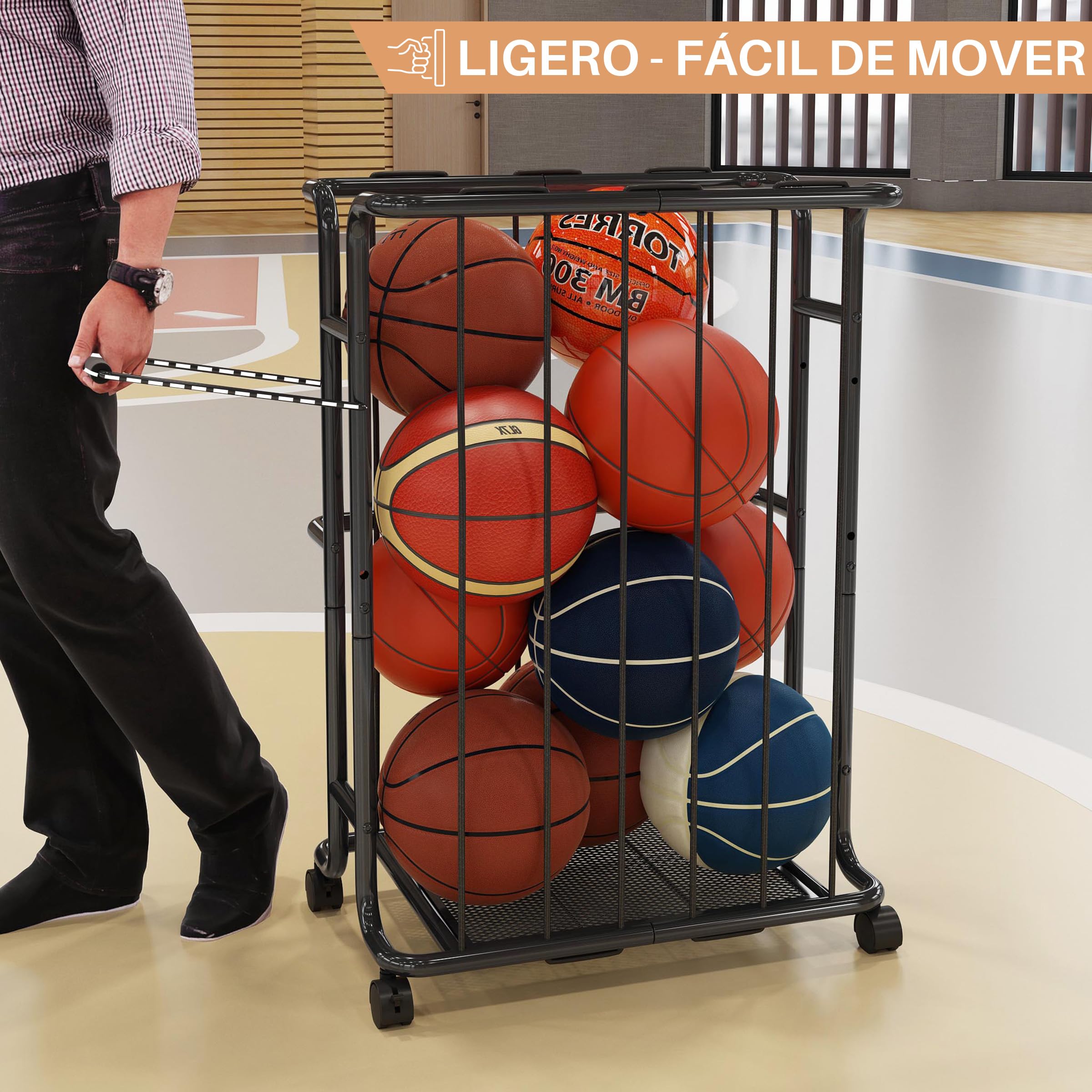 Gran capacidad de 139 litros de capacidad, con ruedas deslizantes, adecuado para baloncesto, balones de fútbol, rugby y otros balones deportivos. Apto para uso en interiores y exteriores.