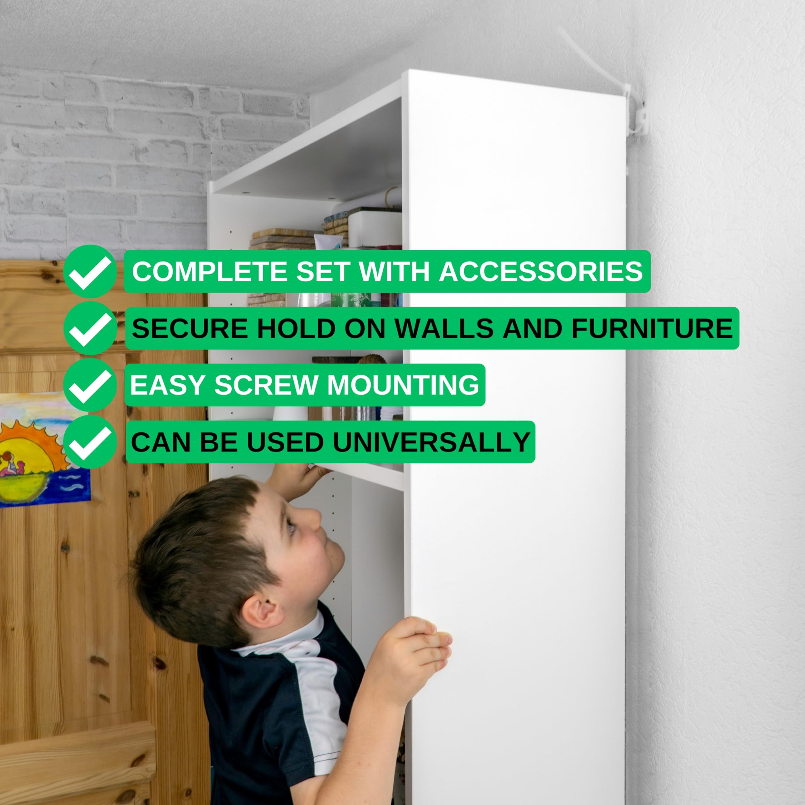 Protection anti-basculement pour étagères, commodes et armoires, 12 paquets, à visser, facile à activer/désactiver, en métal, pour petits enfants, animaux domestiques, kit avec matériel de fixation
