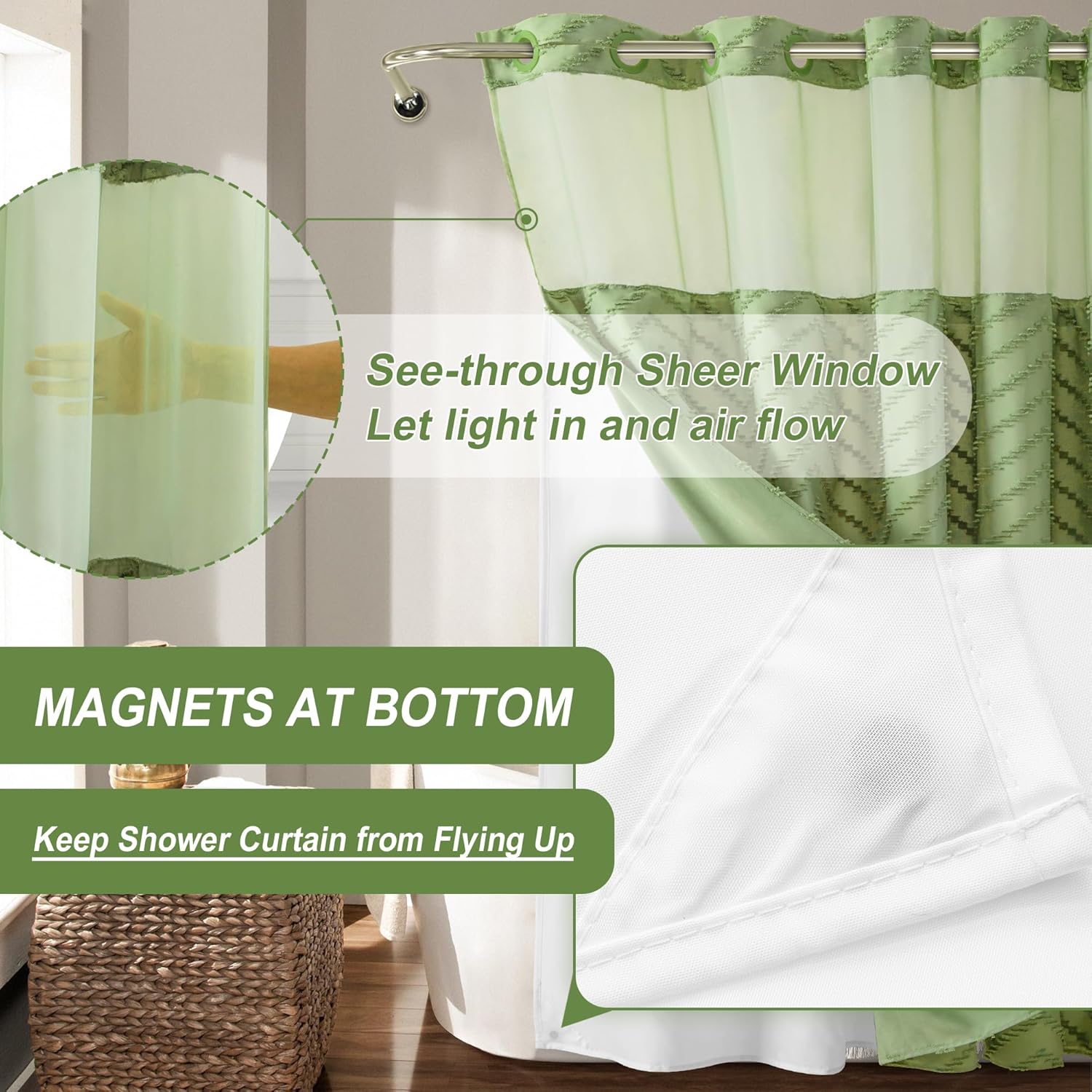 PANGSINNE No Hooks Stall Fabric Shower Curtain with Snap in Liner- Water Repellent Tufted Chevron Striped Shower Curtains for Bath Tubs, Narrow Hotel Quality Bath Curtain Set, 36Wx74H, Sage Green