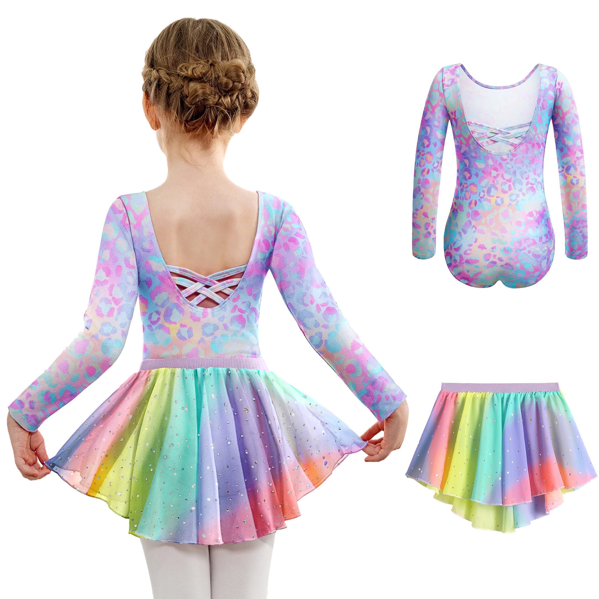 Arshiner Ballettkleidung Mädchen Rückenfrei Baumwolle Ballettkleid Balletttrikot Langzarm Tanzkleid Tanzbody mit Irregulär Chiffon Rock Tütü 2-10 Jahre