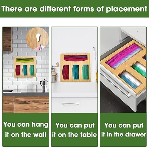 Miniatura 3 de Ziplock - Organizador de almacenamiento de bolsas de cocina, caja dispensadora de alimentos de bambú, soporte para cajón, contenedor de bolsa de