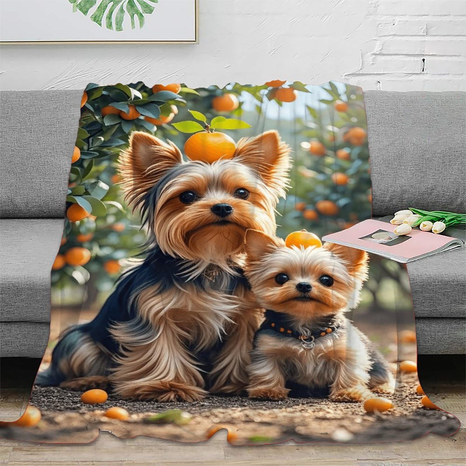 EMYXPAQM Fleece Throw Blanket Yorkshire Terrier Orange Tree Pattern for Couch, Sofa, Bed, Fluffy, Soft & Warm, for Wedding Anniversary, 60x80inch(150x200cm)
