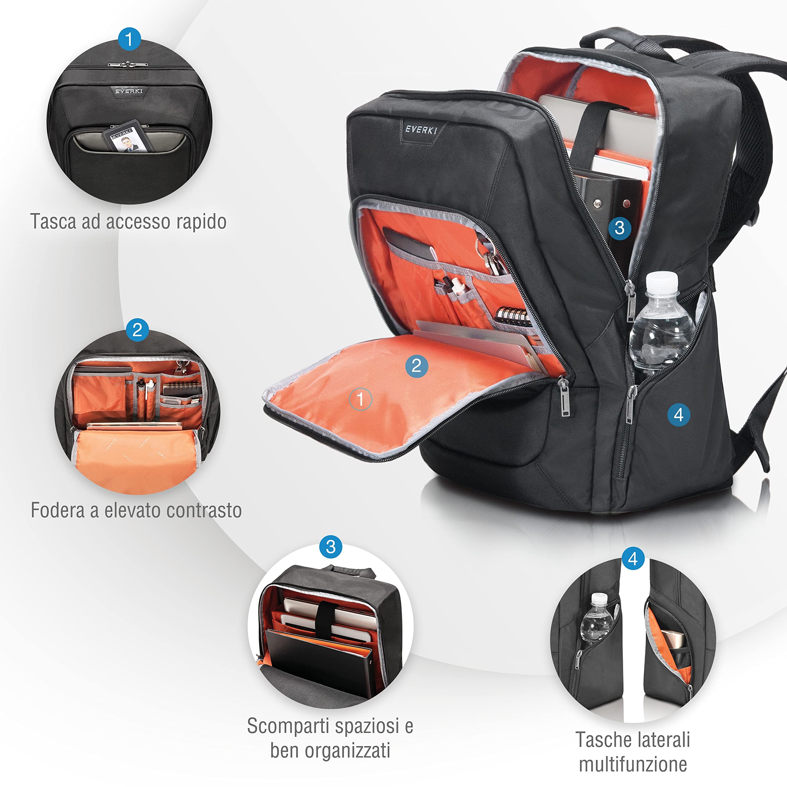 Everki Advance - Zaino per notebook fino a 15.6" con spallacci imbottiti/Scomparto segreto/Trolley/Imbottitura dorsale ergonomica/Cerniere Autorigeneranti / 27 l (EKP107)